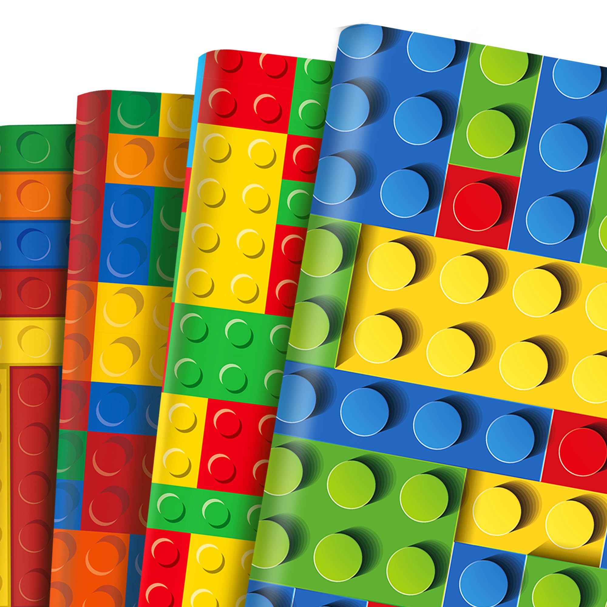 Building Block Gifts Wrapping Paper, 12 Sheets Fun Colorful Birthday Wrapping Paper, Classic Funny Building Blocks Gift Wrap Kids Party Favors Childrens Birthday Party Decor