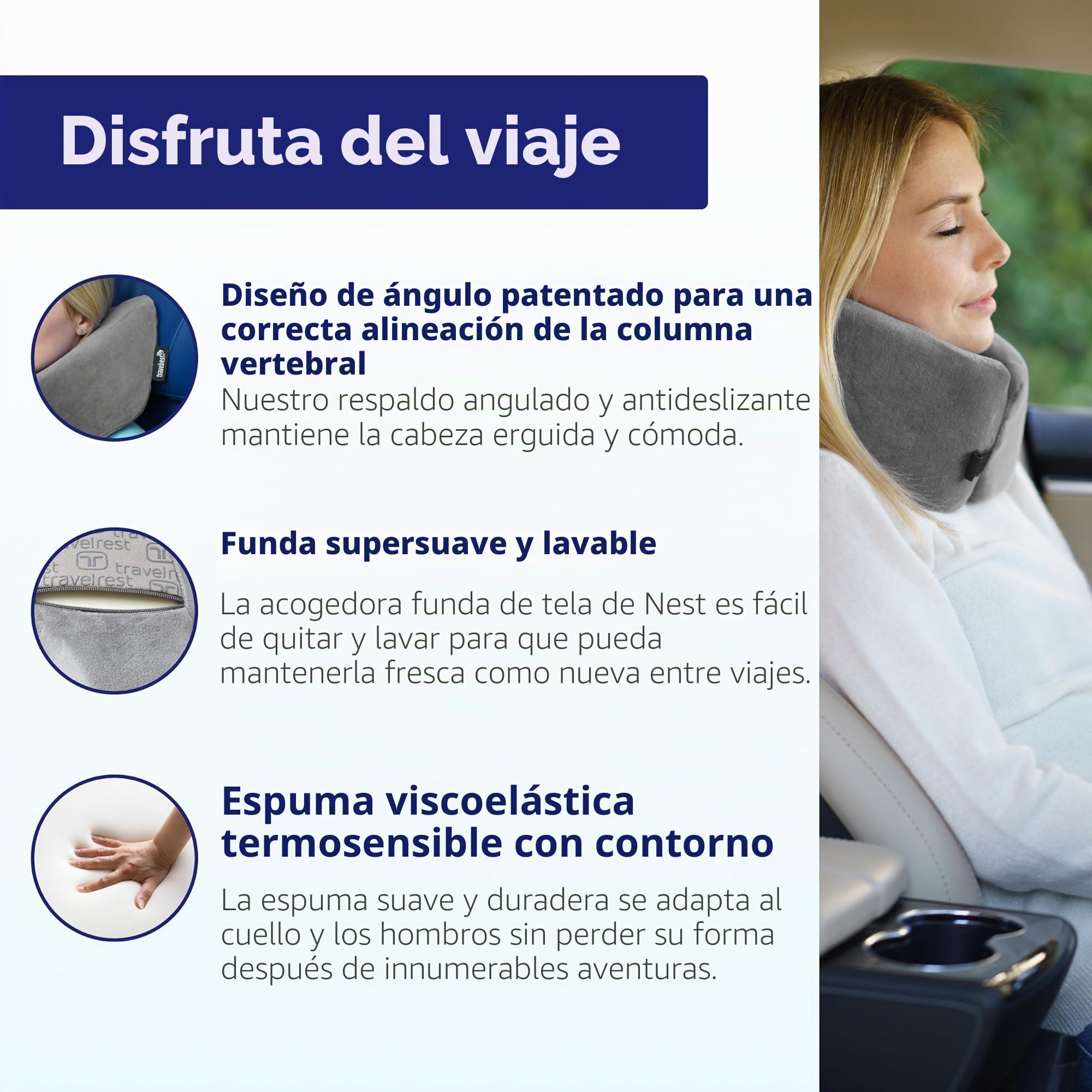 TRAVELREST - Almohada de Viaje/Cuello con Espuma viscoelástica - Terapéutica, ergonómica - Votada como la Mejor Almohada de Viaje para 2018-2024 por Wirecutter