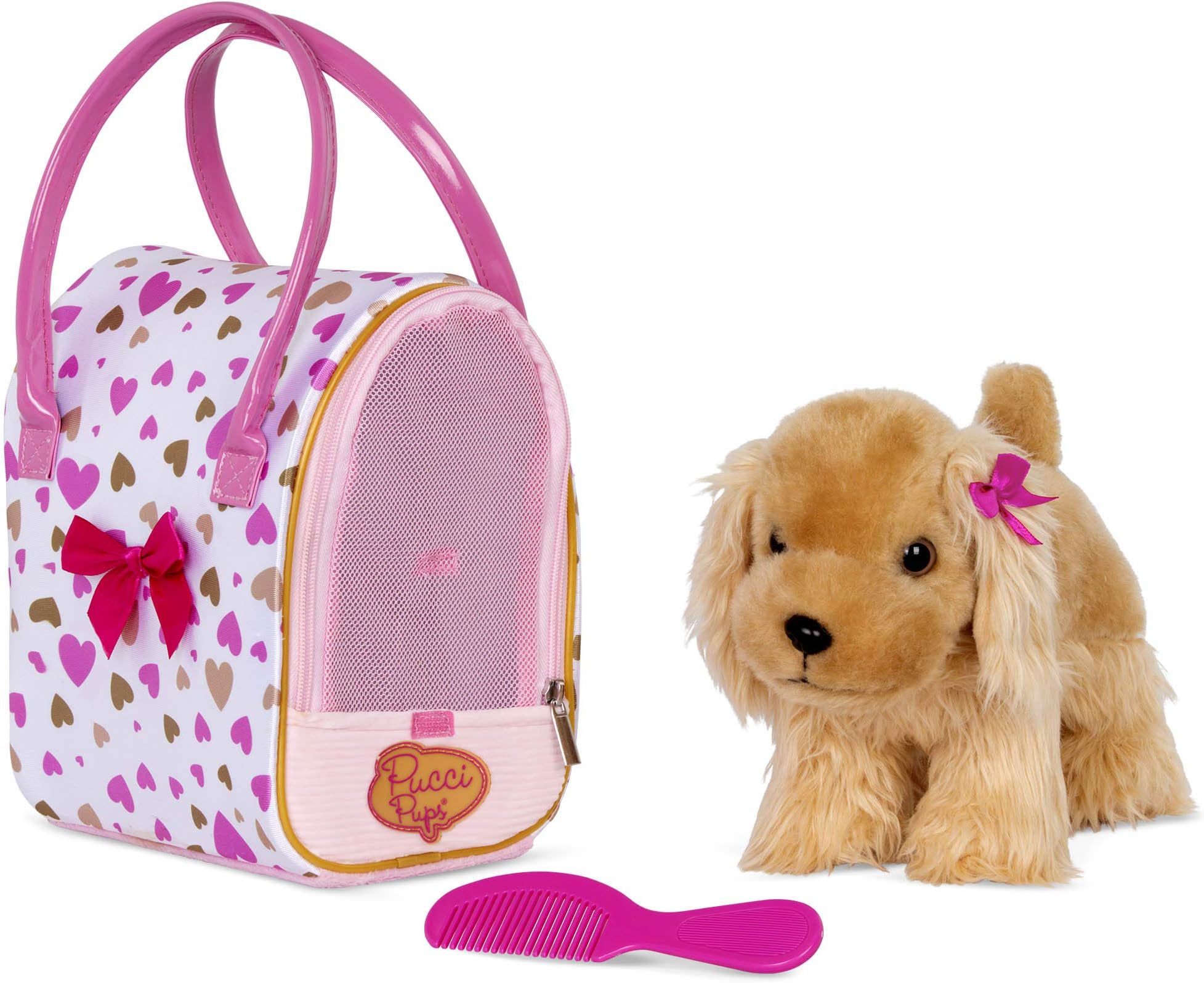 Pucci Pups – Plush Puppy – Dog Carrier – Toy Cocker Spaniel – Pink & Golden Heart Print Bag & Cocker Spaniel and Comb– Stuffed Animal – 3+ Years