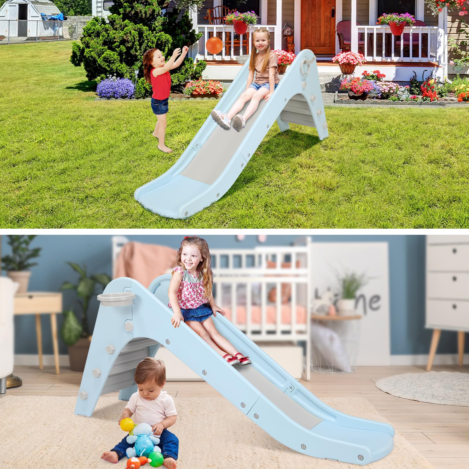 Toboganes Infantiles Interior, Tobogan Bebe 190CM, Tobogán para Niños con aro de Baloncesto y Contera, Toboganes Infantiles para Parque Interior y Exterior, Tobogán Infantiles de 1-6 año,Azul Grisáceo