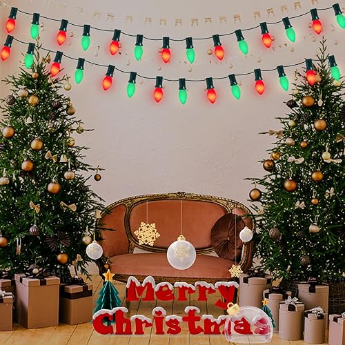 Miniatura 8 de C7 Luces de Navidad rojas y verdes de 25 pies para decoración de Navidad al aire libre con 27 bombillas de cerámica rojas y verdes, luces de Navidad