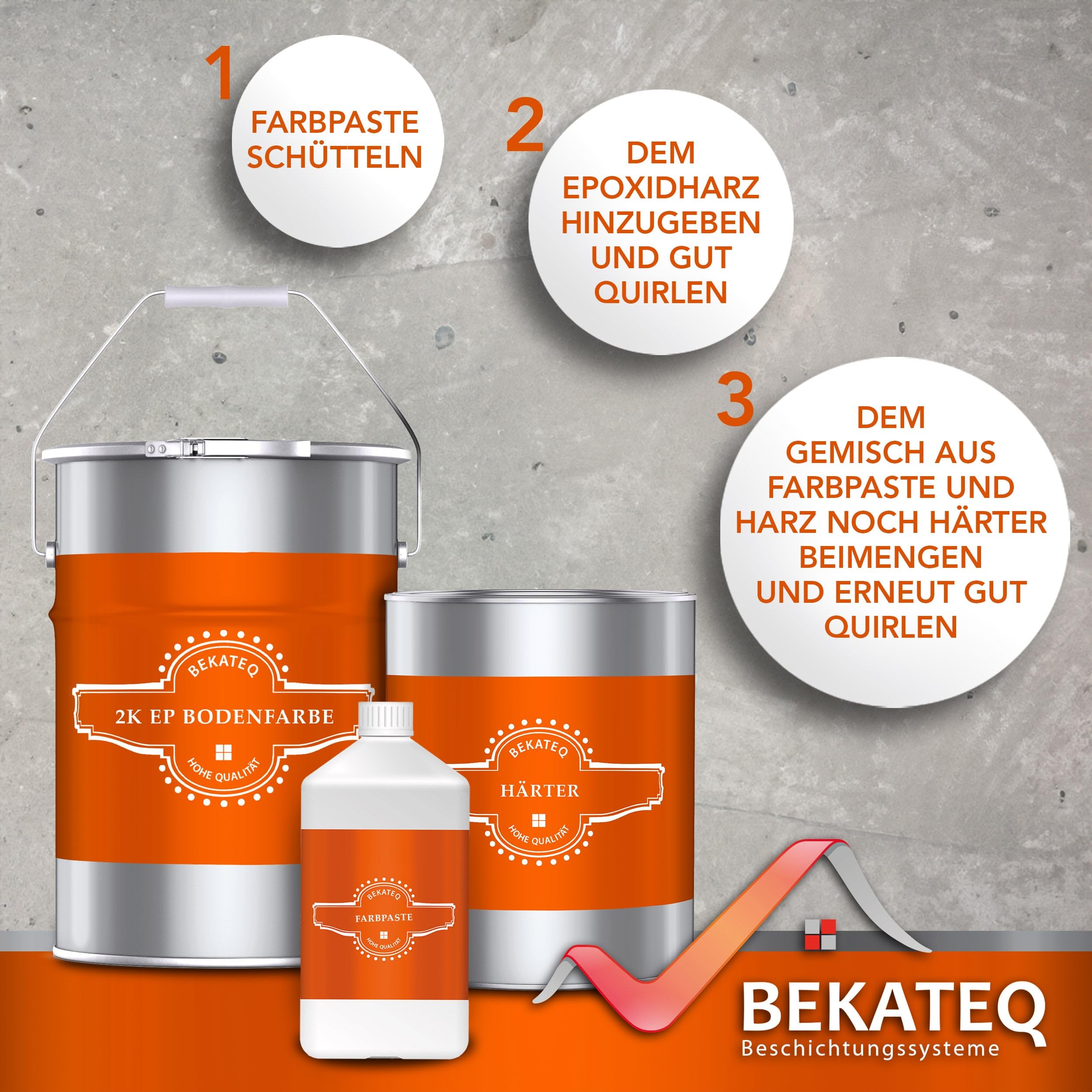 BEKATEQ 2K Epoxidharz in Lichtgrau 1kg für Balkon & Terrasse I Bodenfarbe UV-optimiert, Selbstentlüftend, Geruchsarm - Bodenbeschichtung zur Balkon-Abdichtung, Balkonfarbe wasserdicht BK-300EP