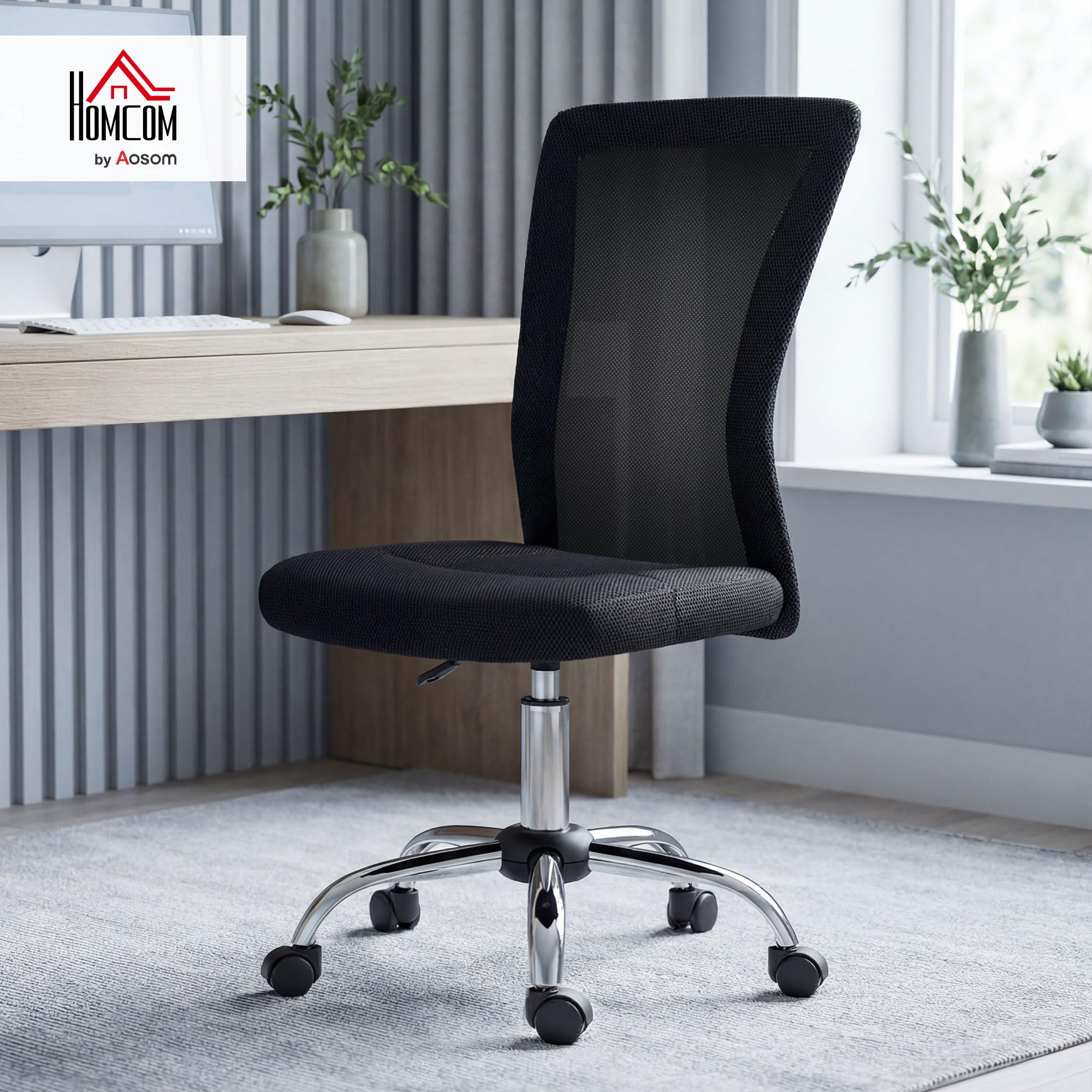 Vinsetto Chaise de Bureau Ergonomique, Fauteuil de Bureau, Hauteur Réglable, Piètement Chromé, Pivotant 360°, Revêtement Maille, Noir