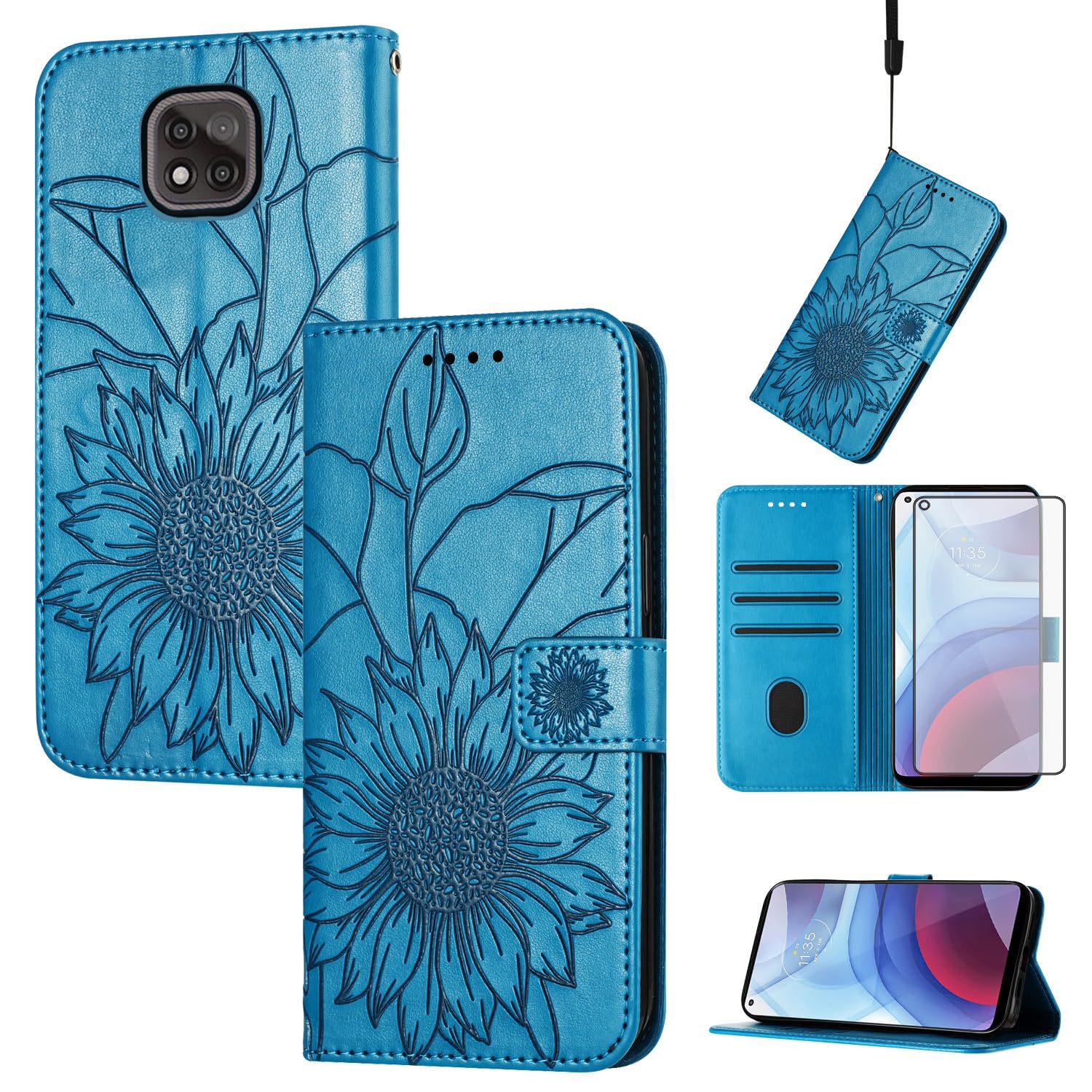 Asuwish Phone Case for Moto G Power 2021 with Screen Protector and Floral Pattern Wallet Cover Leather Credit Card Holder Stand Cell Accessories Motorola GPower 21 5G Version XT2117-4 Women Men Blue