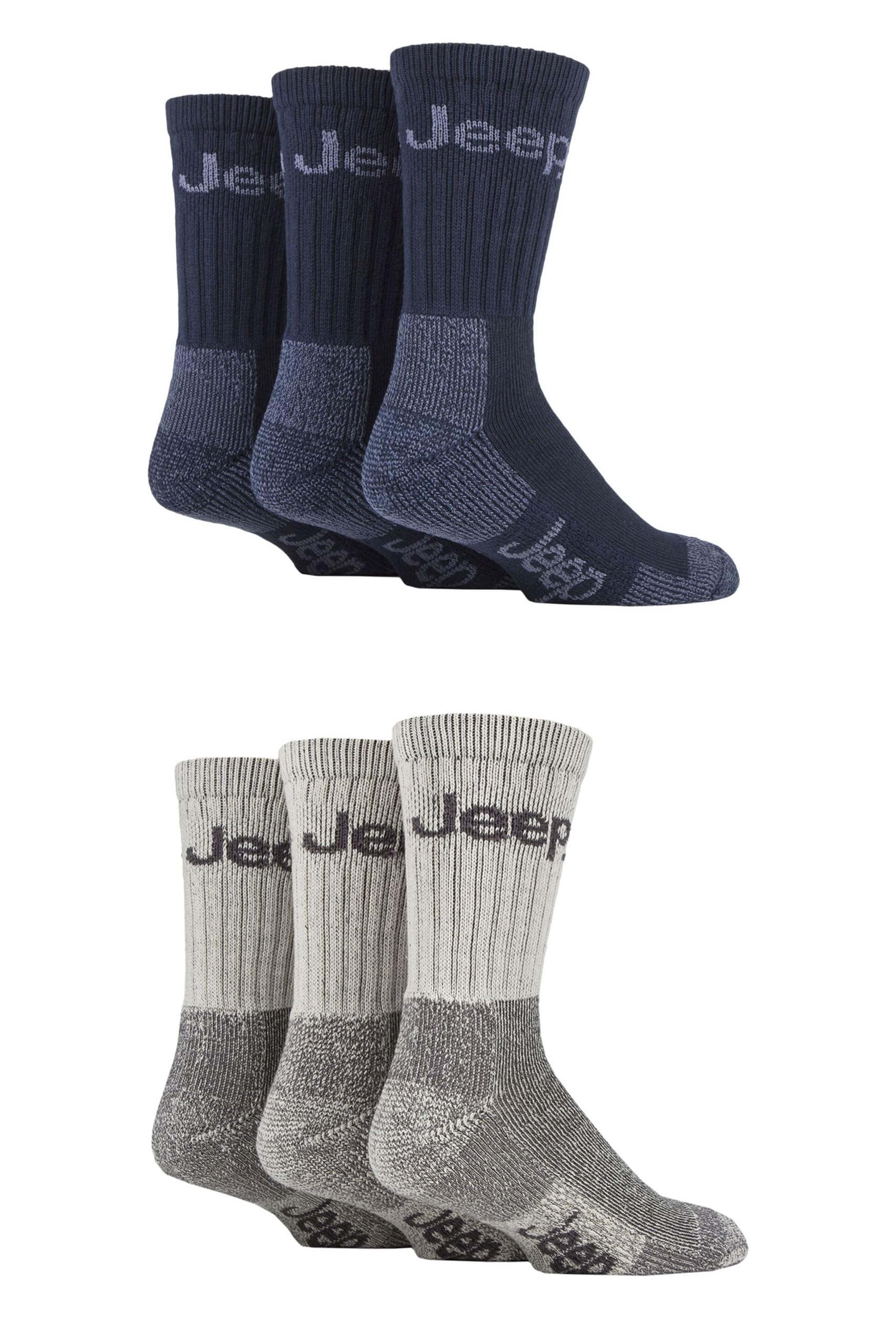 Jeep Men's Navy/Grey Cotton Boot Socks - Luxury Terrain Calf Length Plain With Logo,Ribbed, Cushioned & Chunky For Walking, Hiking, Trekking & The Outdoors Size 6-11 6 Pair Multipack