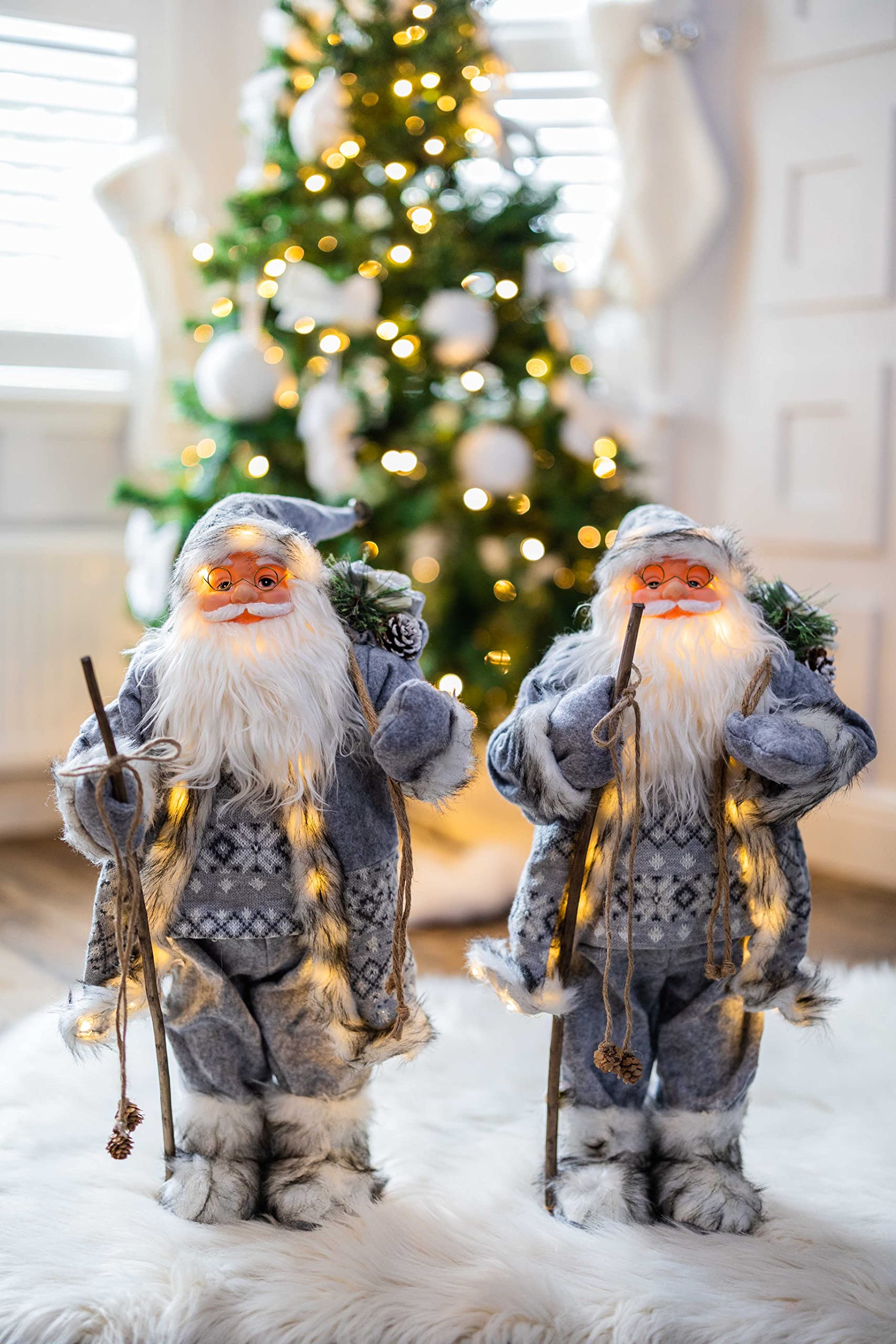 Marco Paul - Set Di 2 Babbi Natale Decorativi Con 28 Luci LED - 60 Cm - Effetto Peluche - A Batteria Con Timer