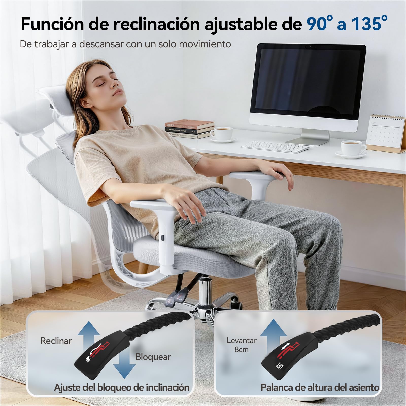rattantree 150kg Silla Oficina Ergonómica Malla reposabrazos 3D | Respaldo reclinable con cabecero, altura regulable, ruedas silenciosas, apta teletrabajo y gaming, montaje sencillo, gris