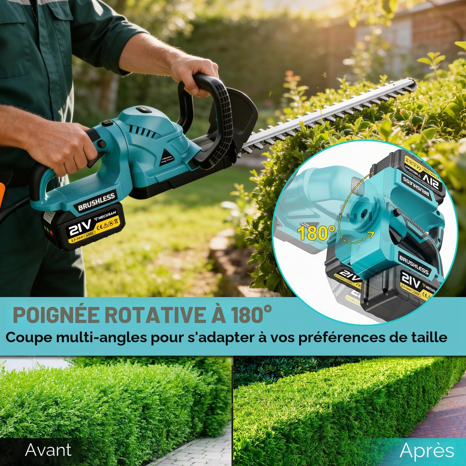 52CM Taille-Haies sans Fil, Moteur sans Balais, Taille Haie Batterie avec 2 Batteries 4,0 Ah, SK5-lame Double Action, diamètre de Coupe 17 mm, PoignéE Pivotante à 180°, pour Haies, Arbres