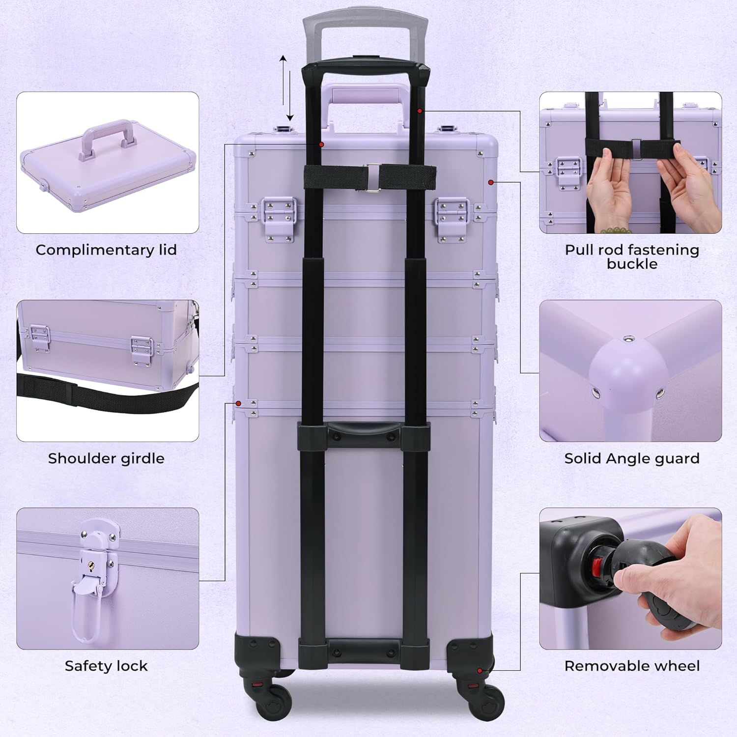 Somduy Rolling Makeup Case, Makeup Train Case with Lid, 5 in 1 Cosmetology Case on Wheels, Christmas Gift, Large Makeup Organizers, Profesional Cosmetic Case for Salon Barber, Purple