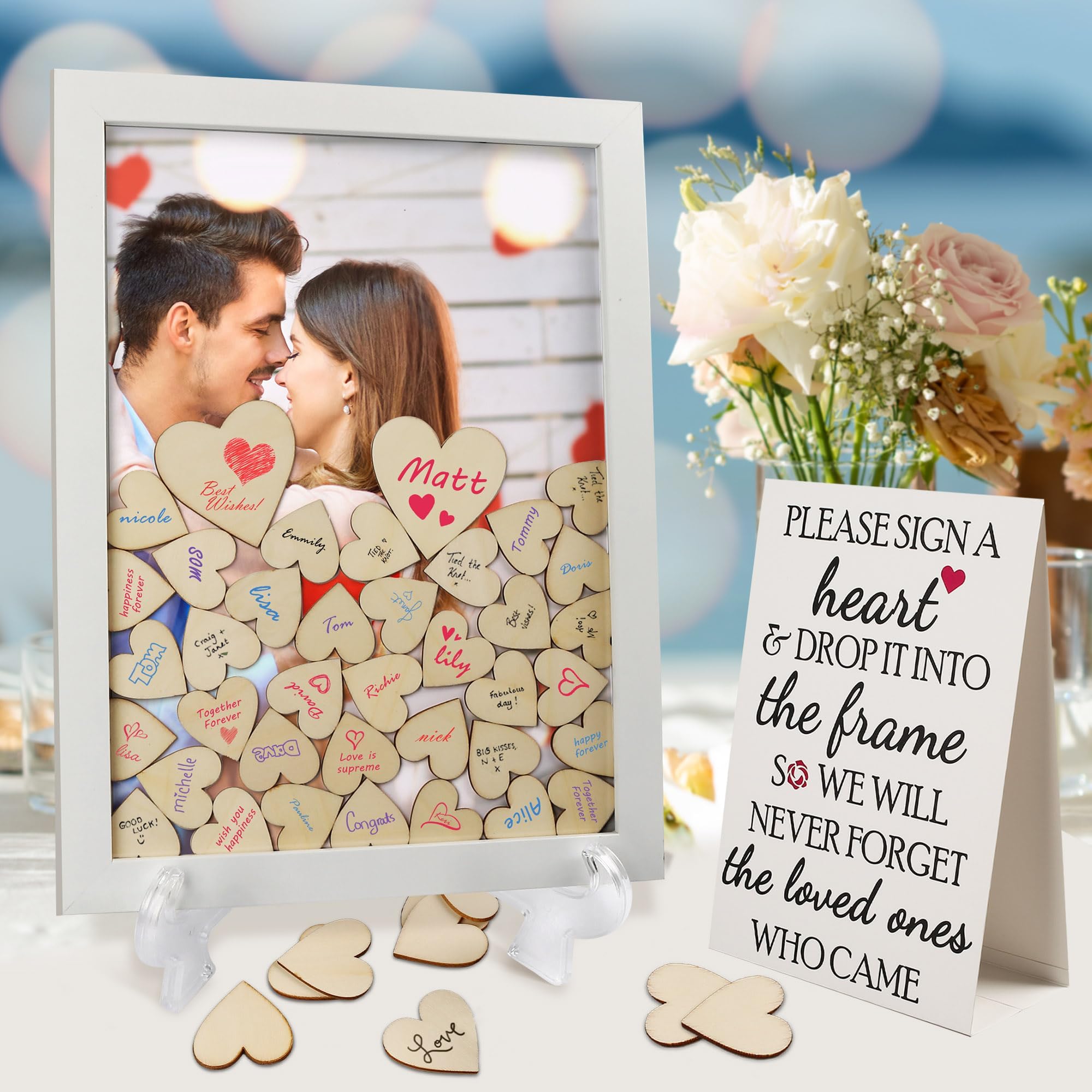 LotFancy Wedding Guest Book Alternative, Drop Top Frame, Heart Drop Wood Guest Book with Stand, 87 Wooden Hearts, 2 Pens, Rustic Wedding Decorations for Reception Baby Shower, Birthday, Graduation