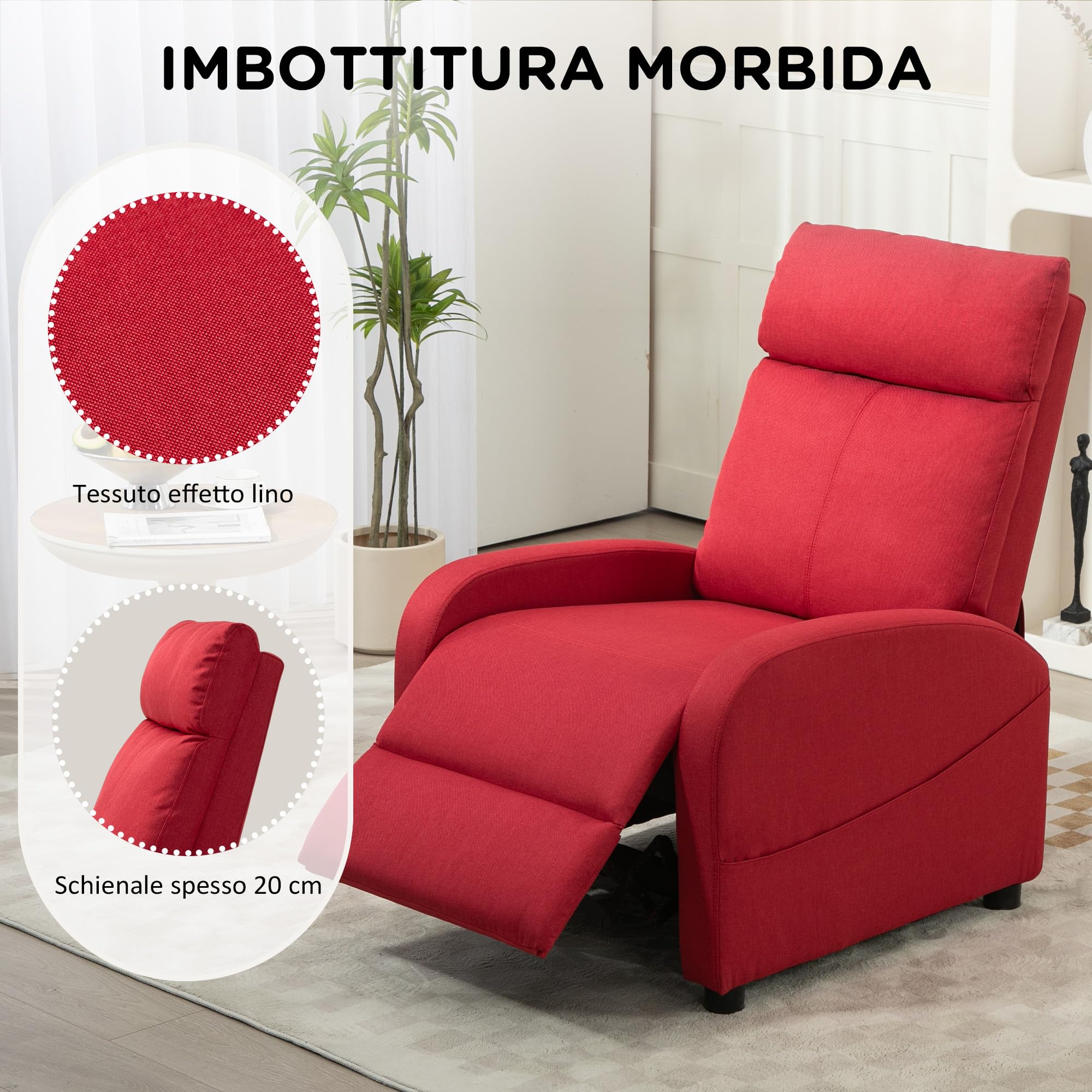 HOMCOM Poltrona Relax Reclinabile Manuale con Poggiapiedi, Poltrona Reclinabile in Tessuto Effetto Lino per Camera da Letto, Salotto e Soggiorno, Rosso