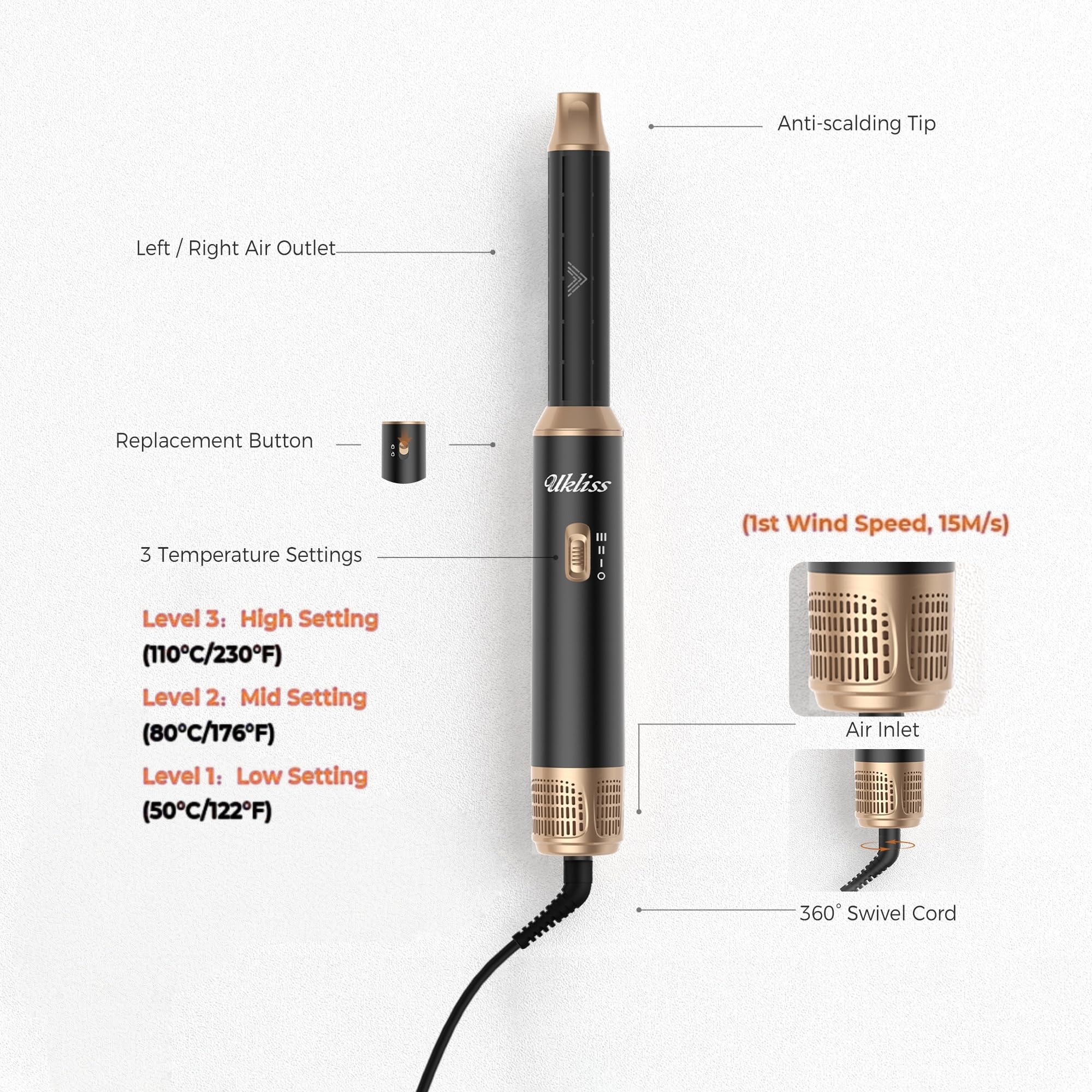UKLISS Hair Styler 5 in 1 Airstyler Haarstyler Air Lockenstab | Föhn Glättbürste Multistyler Rundbürstenföhn Warmluftbürste Haarstyling Geräte Hair Dryer Geschenke für Frauen, Schwarz