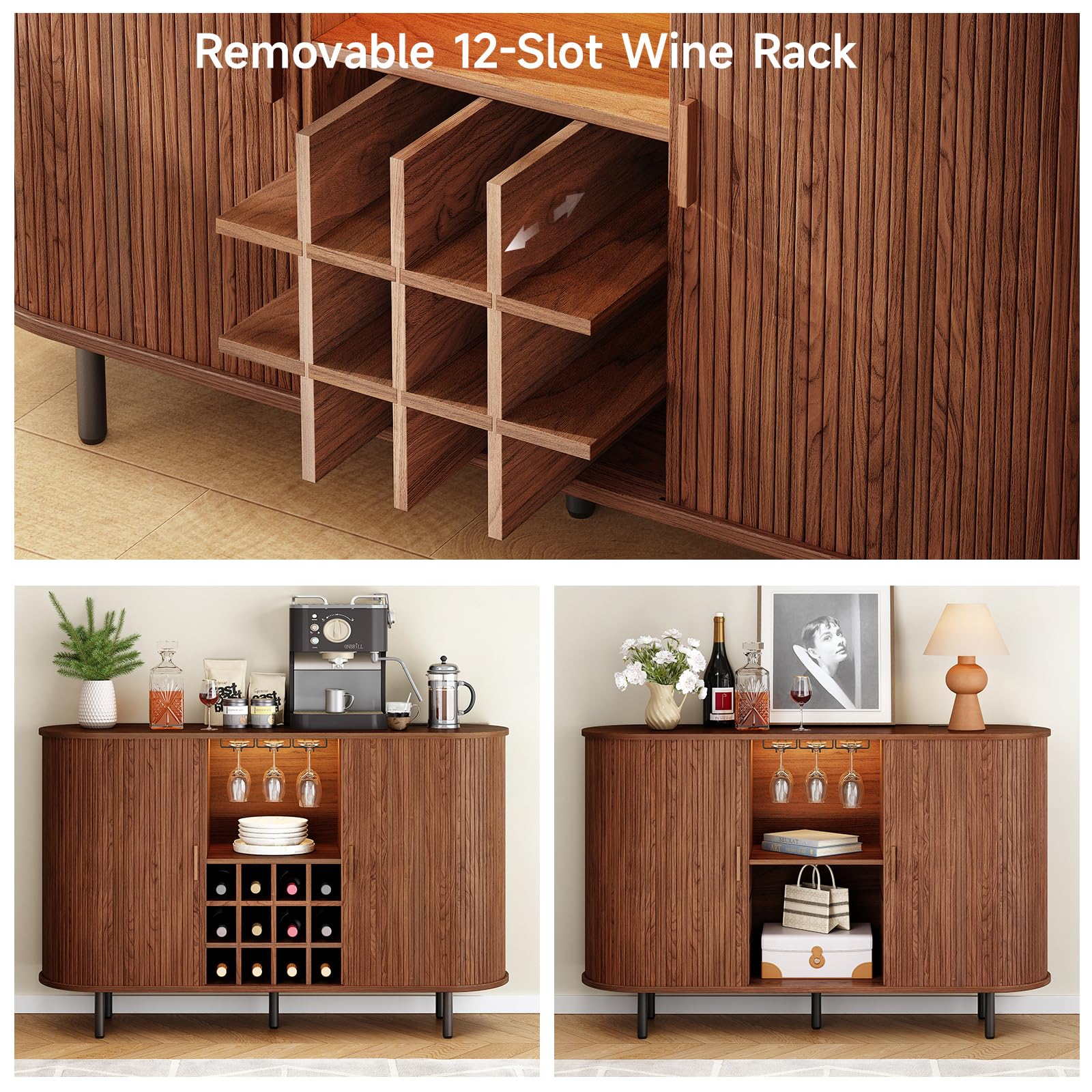 ONBRILL Armadietto da bar con luce a LED, moderna stazione per liquori, whisky, caffè, con portabottiglie e supporto per bicchieri, credenza da buffet per casa, soggiorno, cucina, ingresso (noce)
