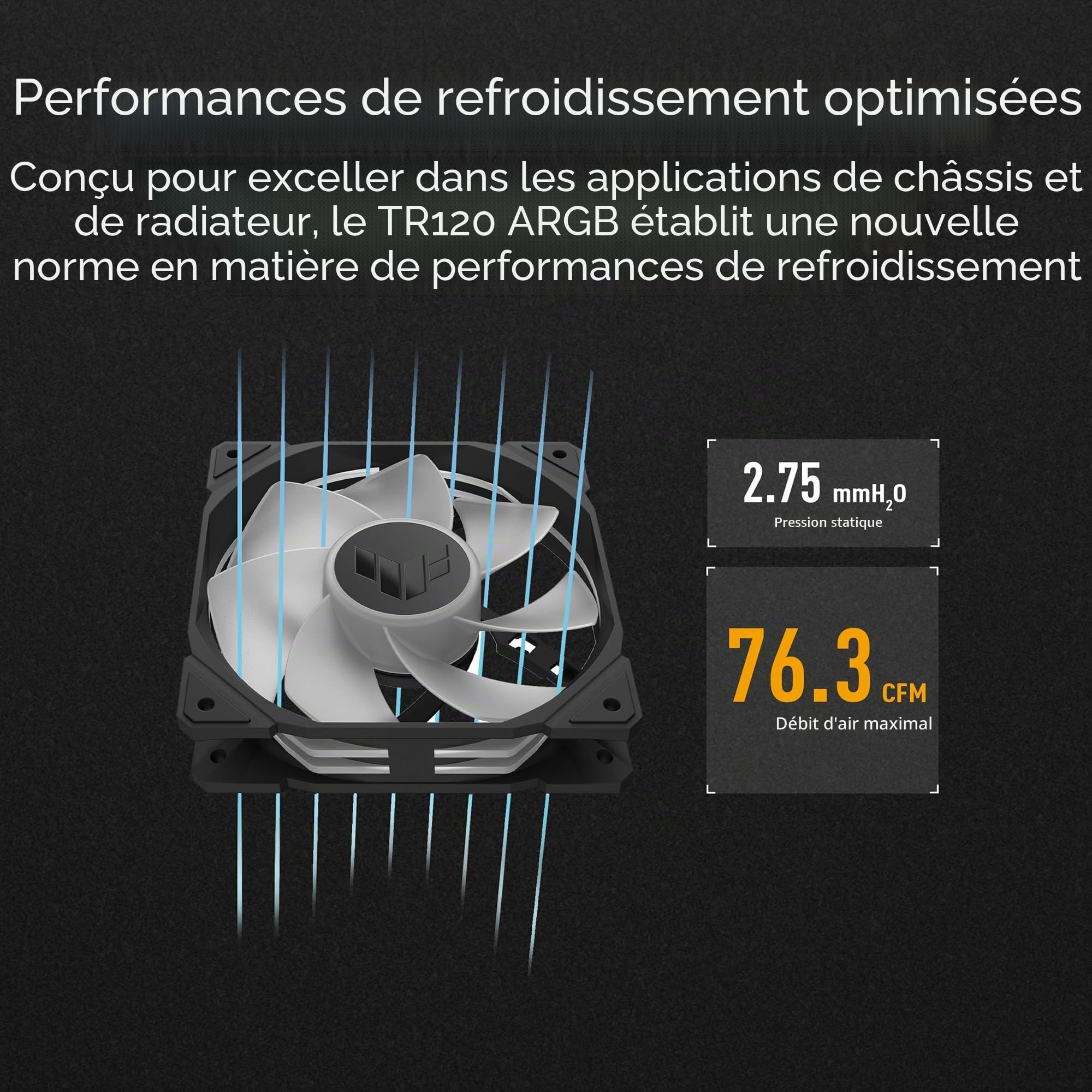 ASUS TUF Gaming TR120 ARGB Reverse Blade Black Lot de 3 Ventilateurs de boîtier 3 en 1 (120 mm PWM, 2000 TR/Min, 2,75 mm H2O, 76,3 CFM, 16 LED RVB adressables Individuellement, Noir)