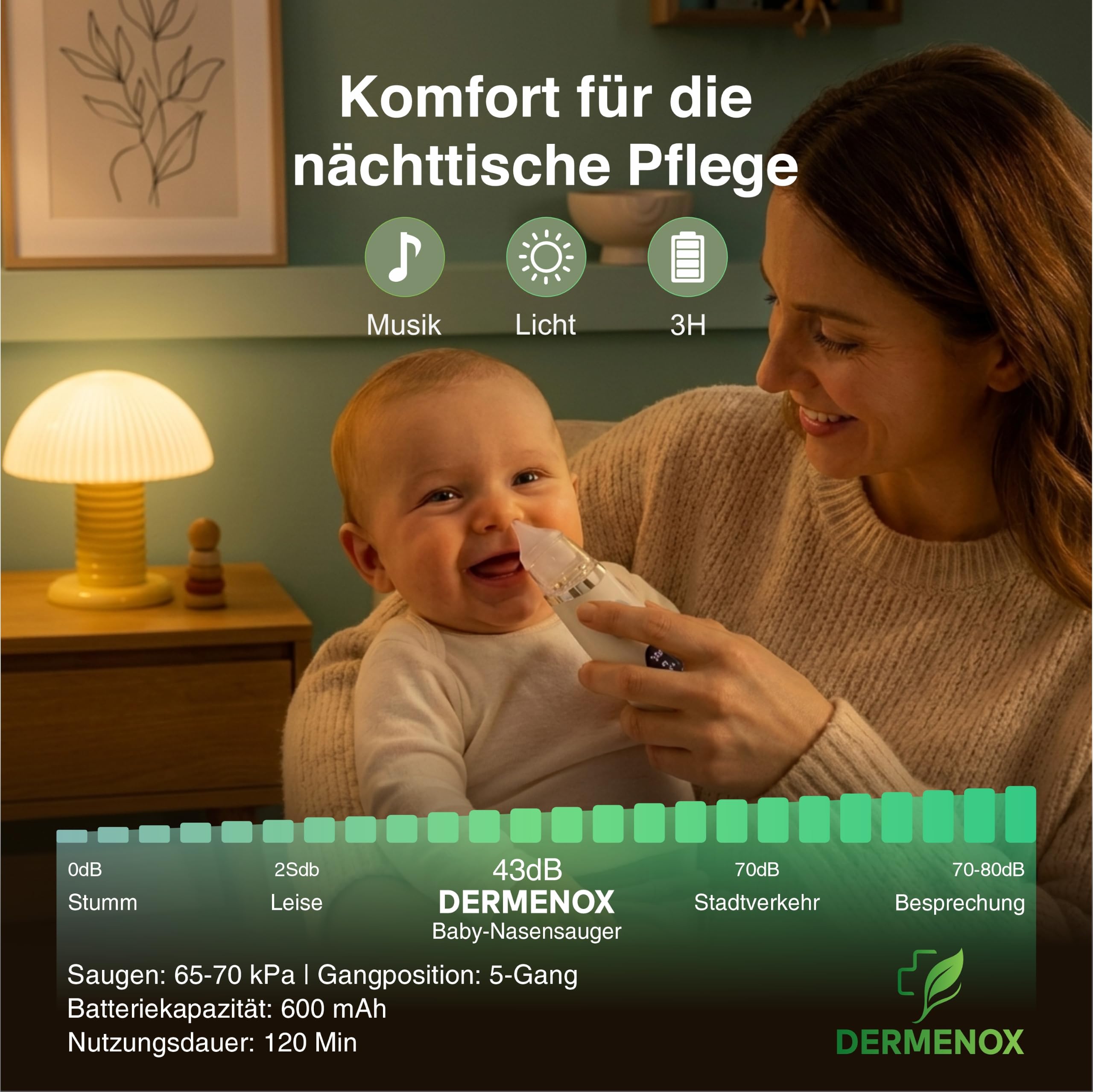 Elektrischer Nasensauger, 5 Saugstärken, Musik und Licht, Wiederaufladbarer Nasensauger mit 3 Silikondüsen, Sanft und Sicher, DERMENOX Grau