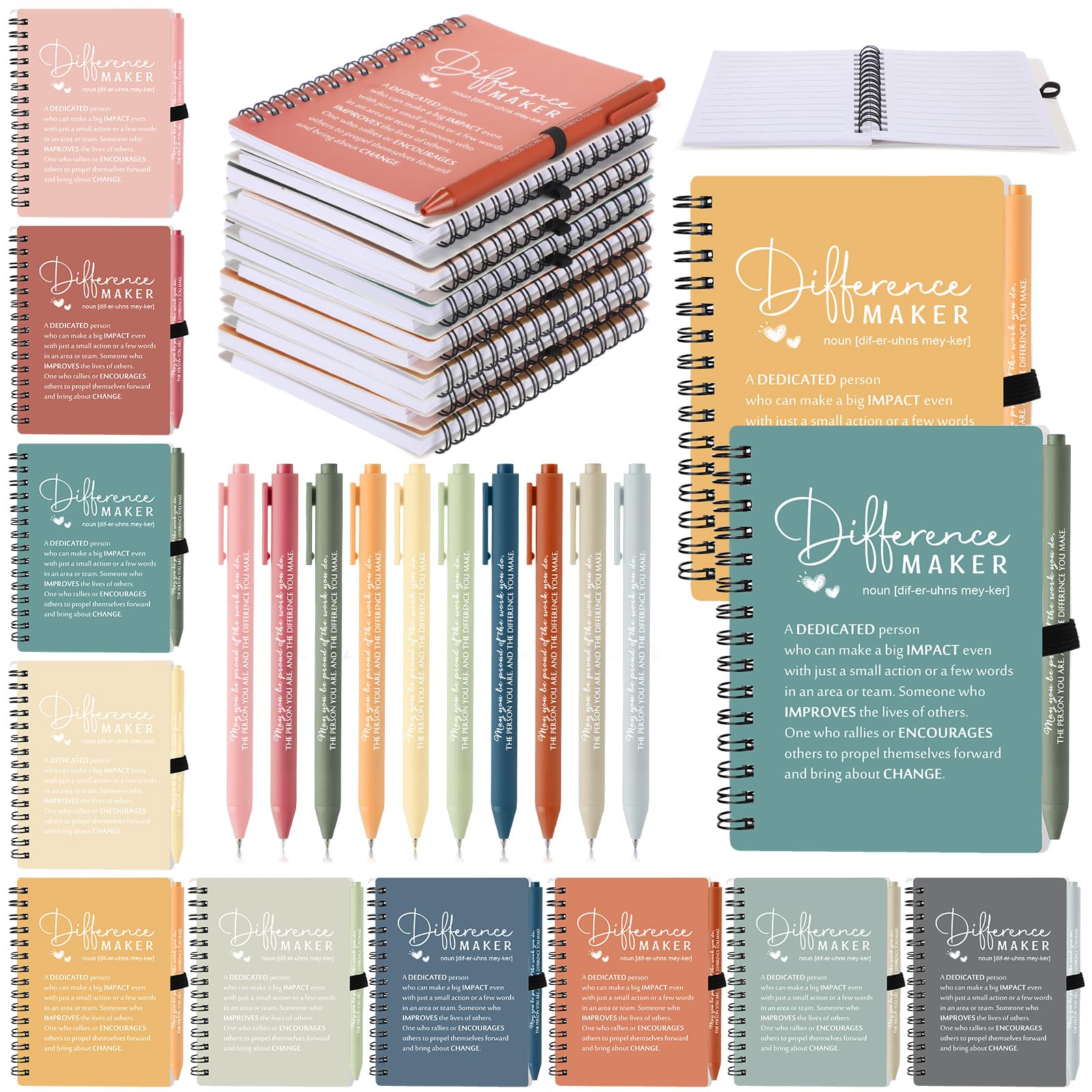 20 Sets Difference Maker Employee Appreciation Gifts Bulk Inspirational A6 Spiral Notebooks Journal with Ballpoint Pens for Boss Coworker Team Teacher Nurse Vet Tech Week (Morandi Colors)