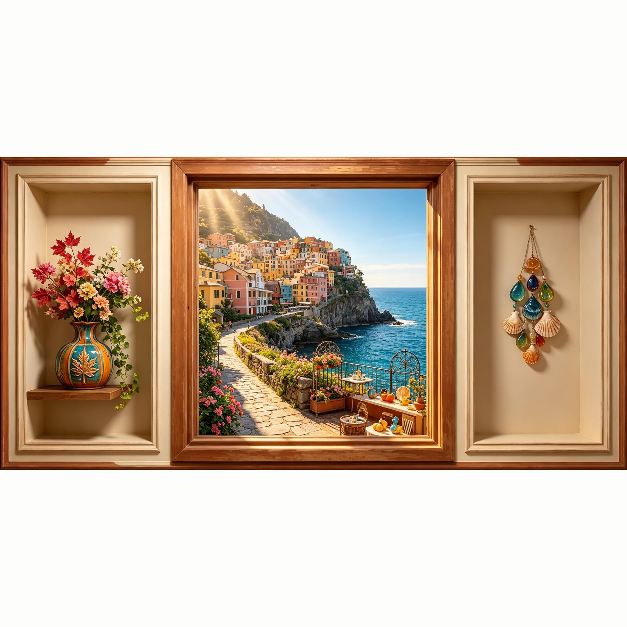 QZLITHOTIC 50x100cm 3D Framed Wall Art， Coastal Mediterranean Town Landscape Trompe l'oeil Self‑Adhesive Mural， Water‑Activated Peel & Stick Fabric Decor Wall Decal for Bedroom Living Room