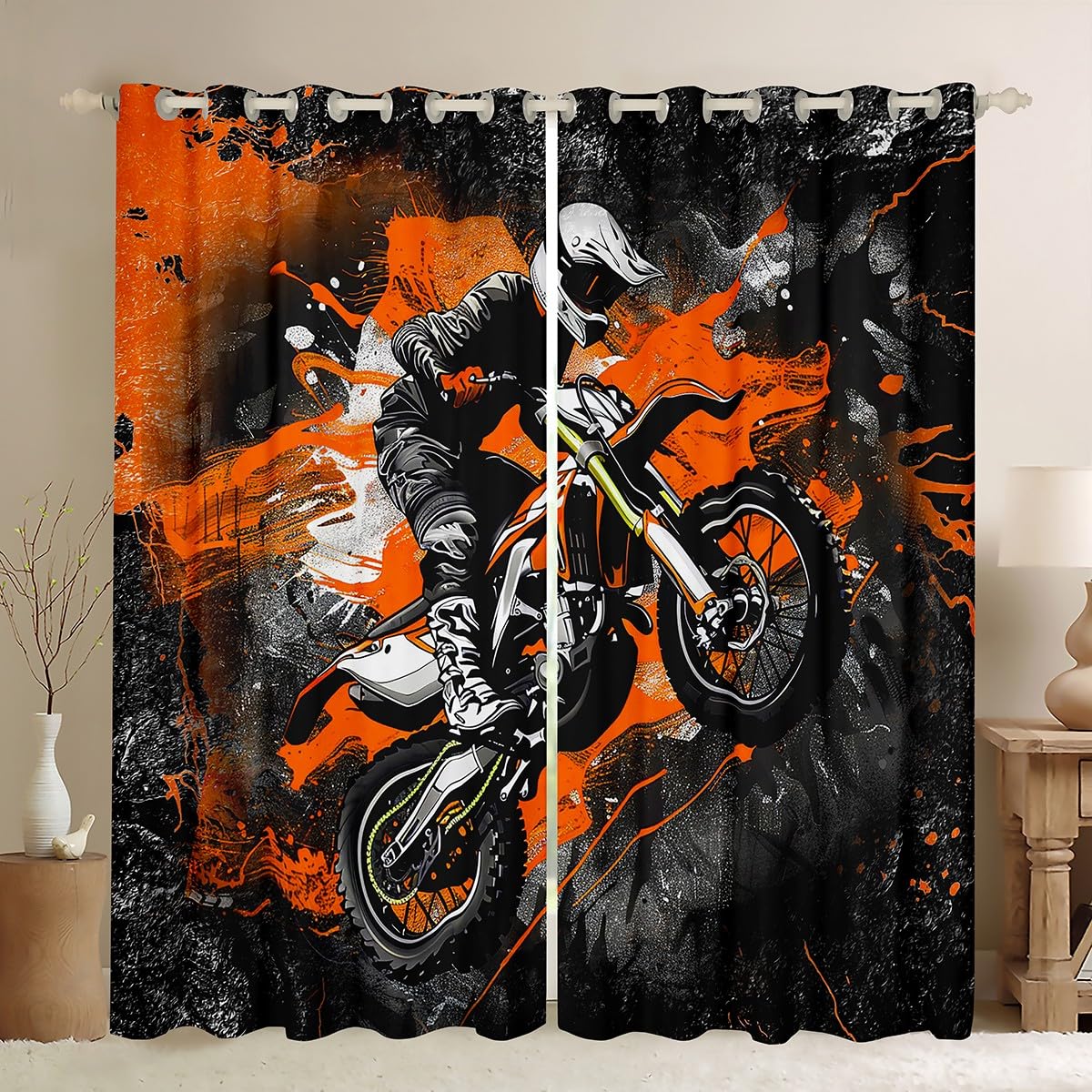 Rideaux occultants motif motocross tamisants pour chambre à coucher 167 x 183 cm