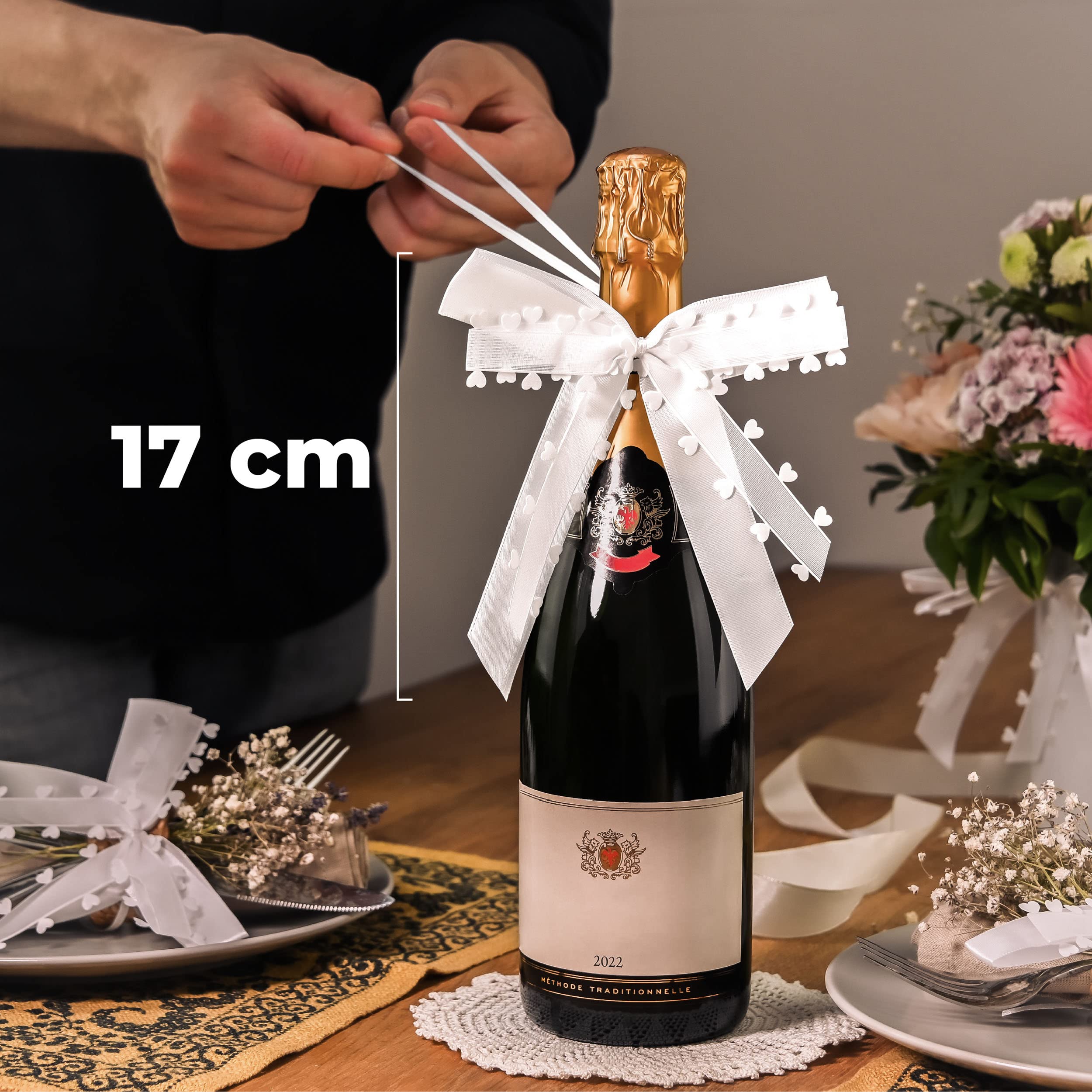 Lazos de Boda Coche con Corazones Blanco - Hecho a Mano - Cinta de Satén - Fácil de Atar - Decoración de Boda