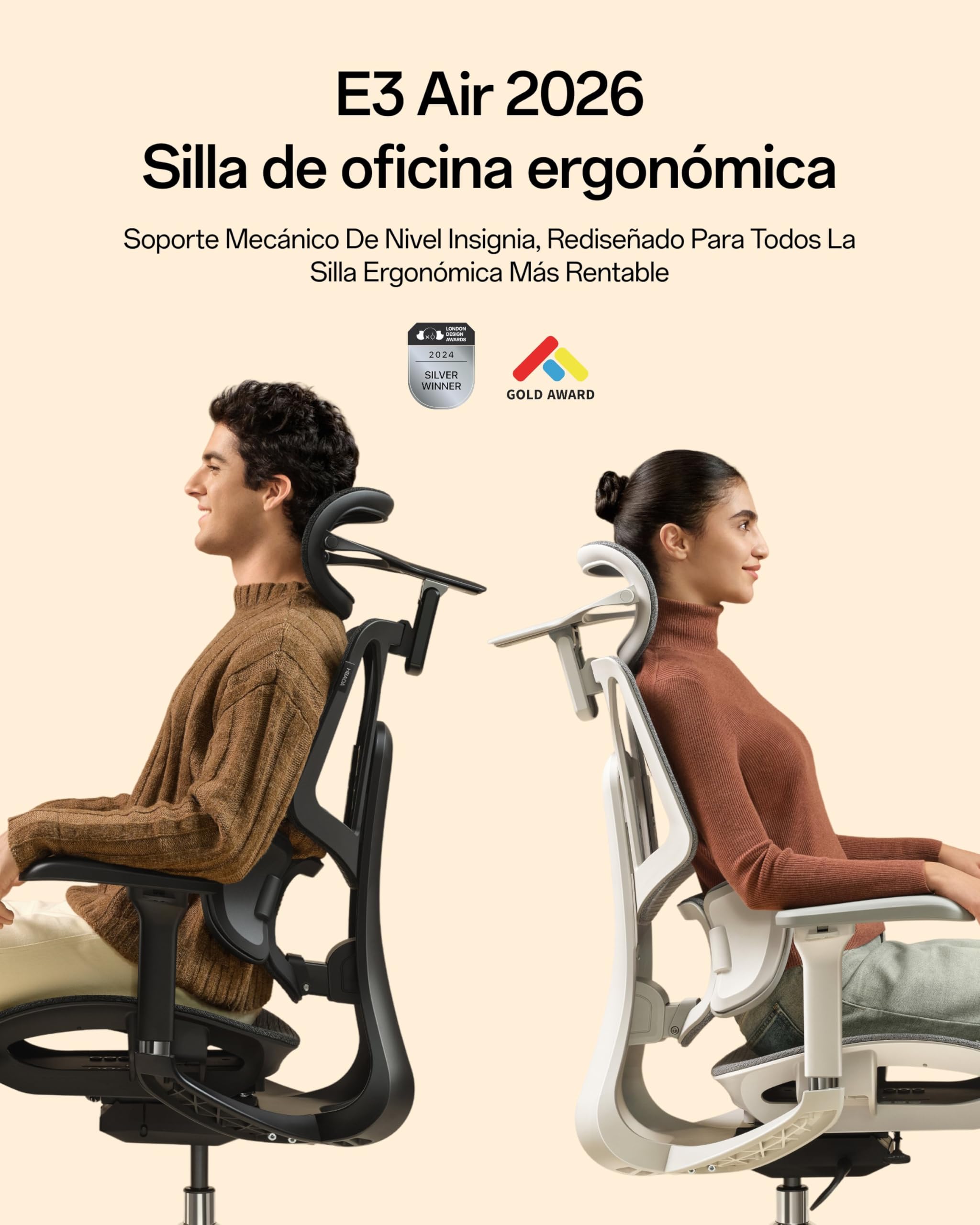 Hbada E3 Air 2026 Edition Silla Ergonómica Oficina con Soporte Lumbar 3 Zonas, Reposacabezas y Brazos 4D, Ajuste Automático de Peso, Reclinable 140°, Comfy Home Office Chair