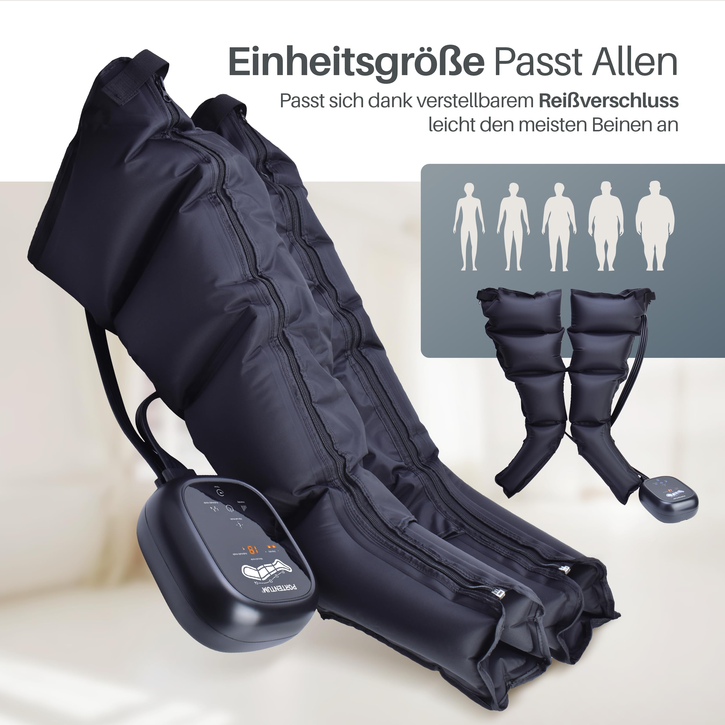 PORTENTUM Lymphdrainage gerät mit Akku – Bein Massagegerät mit 8 Modi und 3 Intensitäten – Fernbedienung mit LCD-Display – USB-C – Lindert müde Beine und fördert die Durchblutung – Tragetasche