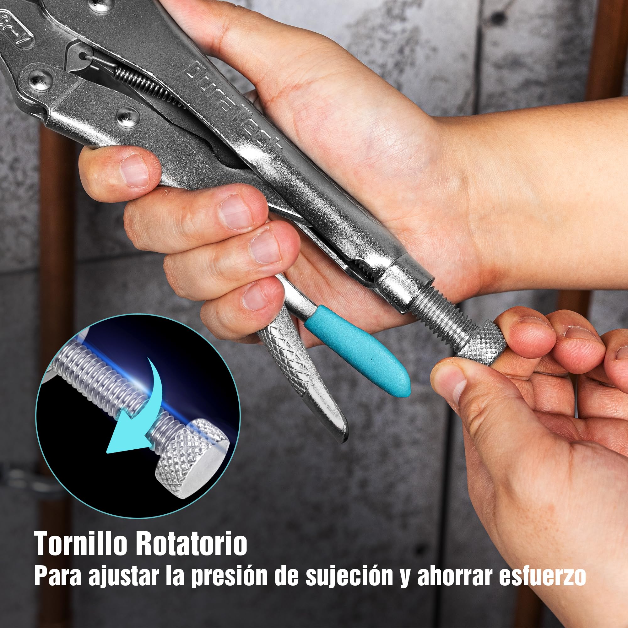 DURATECH Juego de 6 Alicates de Presión con 2 Alicates de Punta Larga de 16,5 cm y 24 cm, 3 Alicates de Mordaza Curva de 12,7 cm, 17,8 cm y 25,4 cm y 1 Alicate Tipo C 15 cm, con Estuche Enrollable
