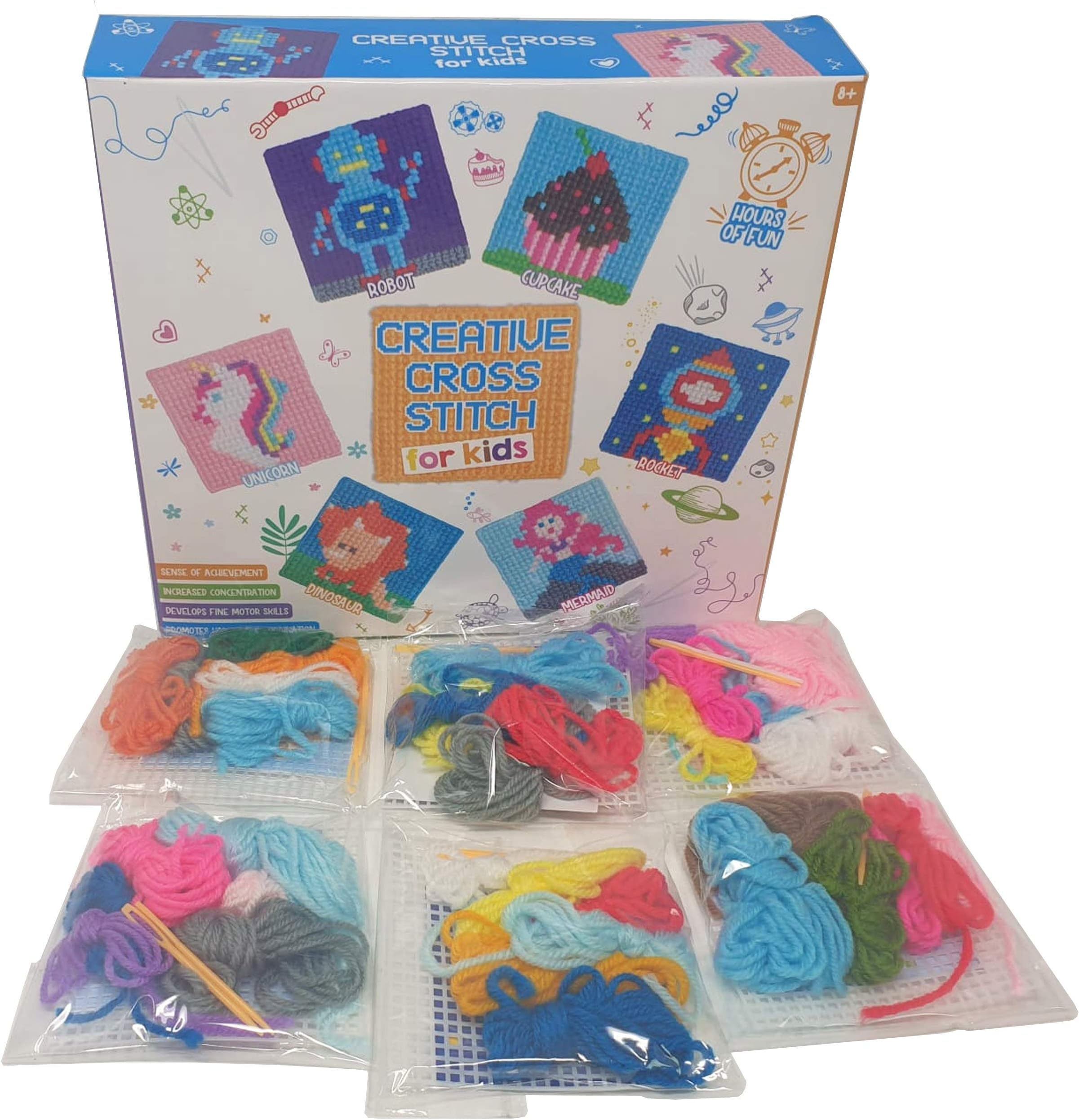 Creative Cross Stitch for Kids | Set of 6 Cross Stitch Boards | Tapestry Sewing Craft Set - Robot, Cupcake, Rocket, Unicorn, Dinosaur, Mermaid Designs