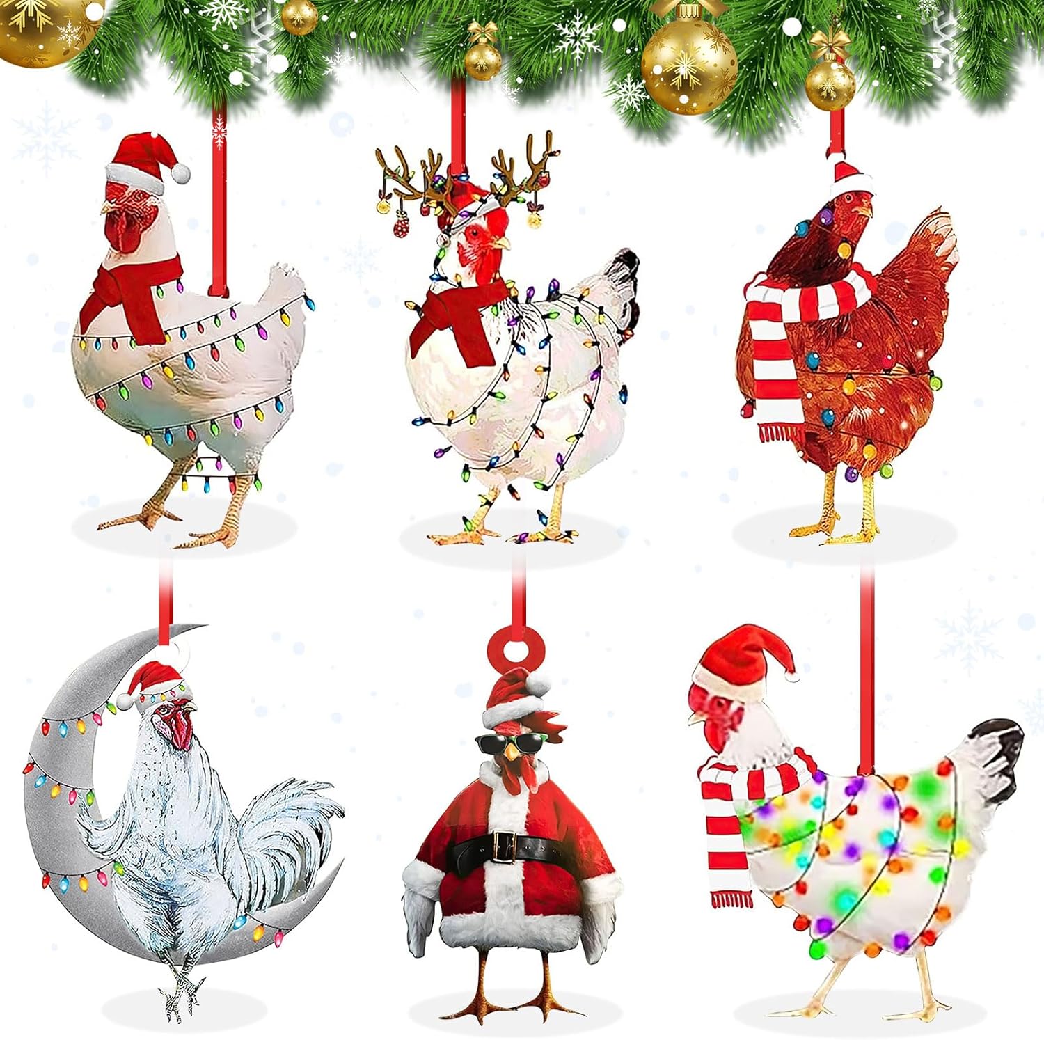 6 Pcs Christmas Chicken Ornaments 2023, Christmas Rooster Hens with