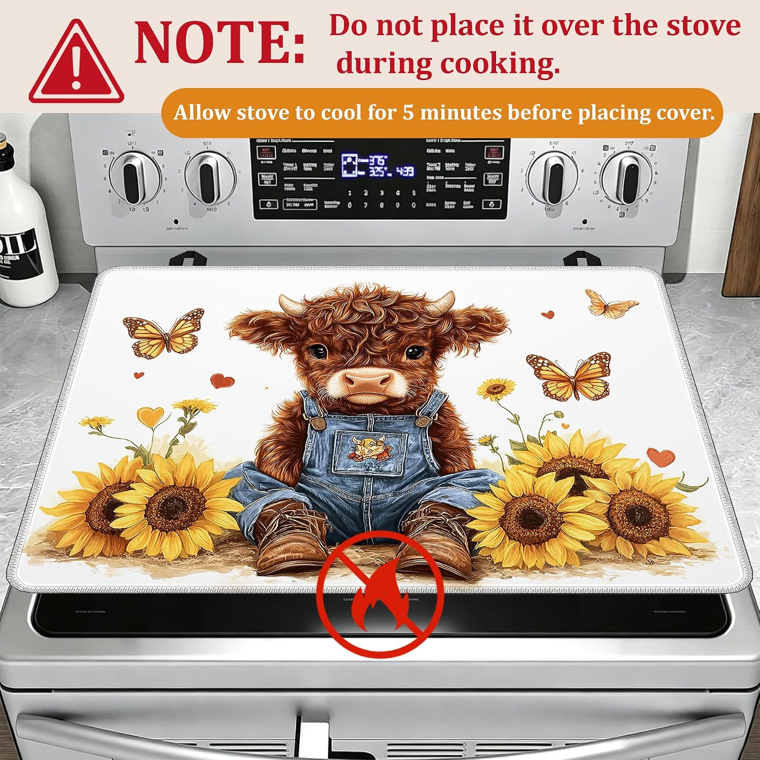 Cute Highland Cow Glass Top Stove Cover Protector,Sunflower Butterfly Heat Resistant Stove Top Cover, Large Size Range Covers for Electric Stove Countertop Mat, 28 x 20 Inch