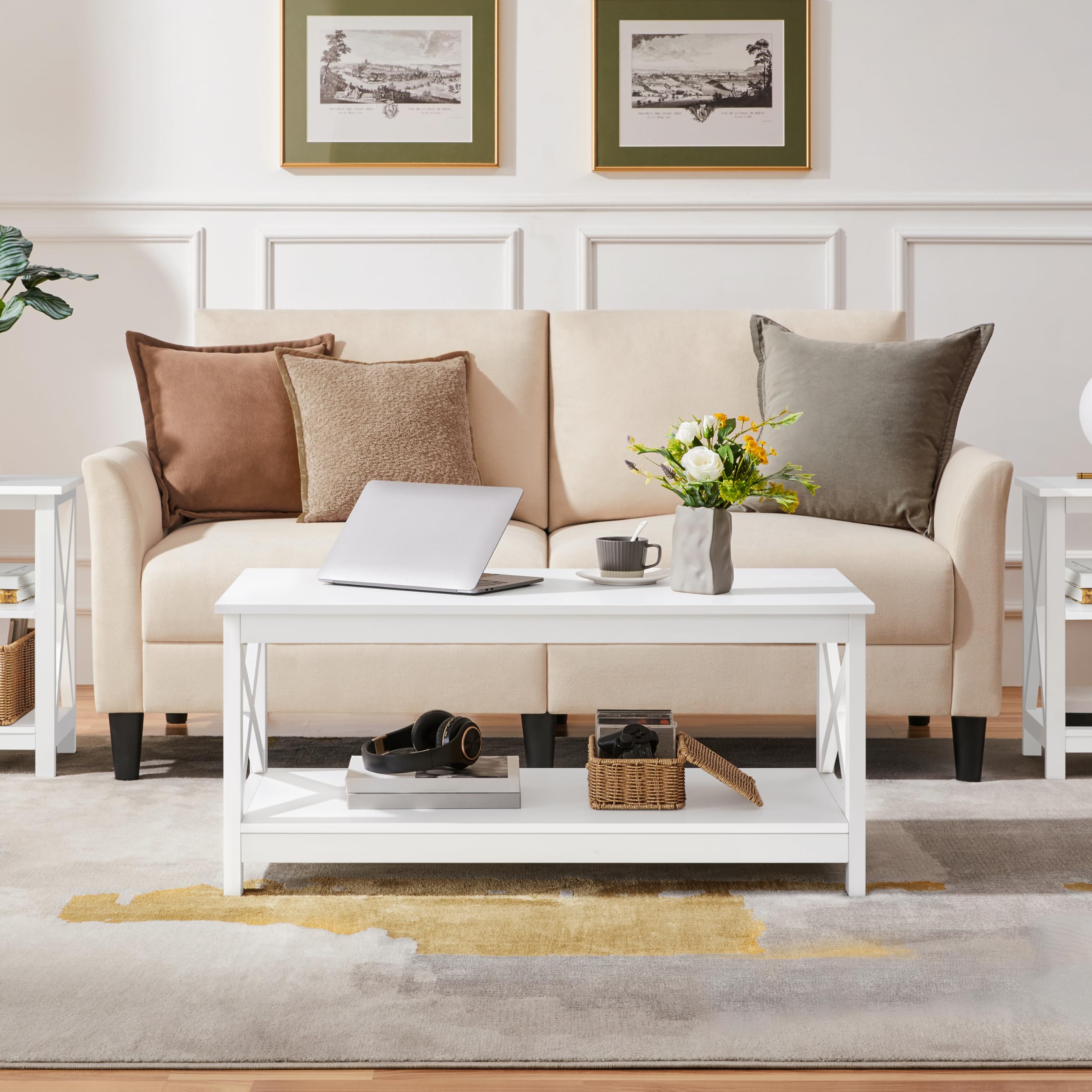 Yaheetech Tavolino da Caffè Tavolino Basso da Salotto Tavolo da Divano a 2 Ripiani Moderno Portaoggetti in Legno con Piano Inferiore Grande da Soggiorno Bianco 100 x 50 x 45 cm