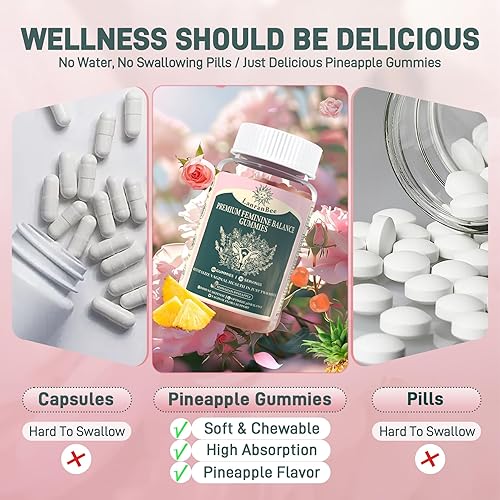 Miniatura 6 de Gomitas de equilibrio femenino prémium para la salud y el bienestar de la mujer, apoyo inmunológico, veganas, sin gluten y halal, piña hawaiana, 60