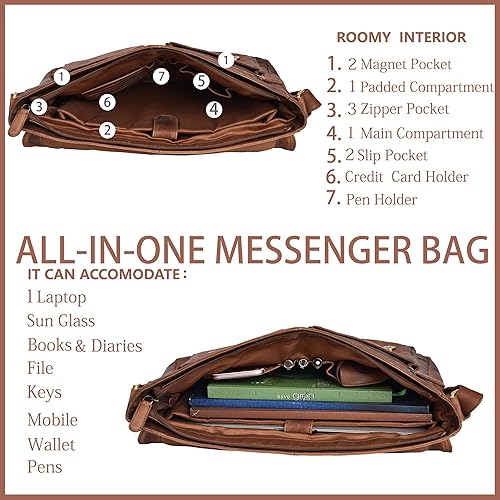 Miniatura 4 de VALENCHI Bolsa de mensajero de cuero para hombres, mujeres-14 maletín de mensajero para portátil y bolso de hombro, oficina, trabajo, universidad,