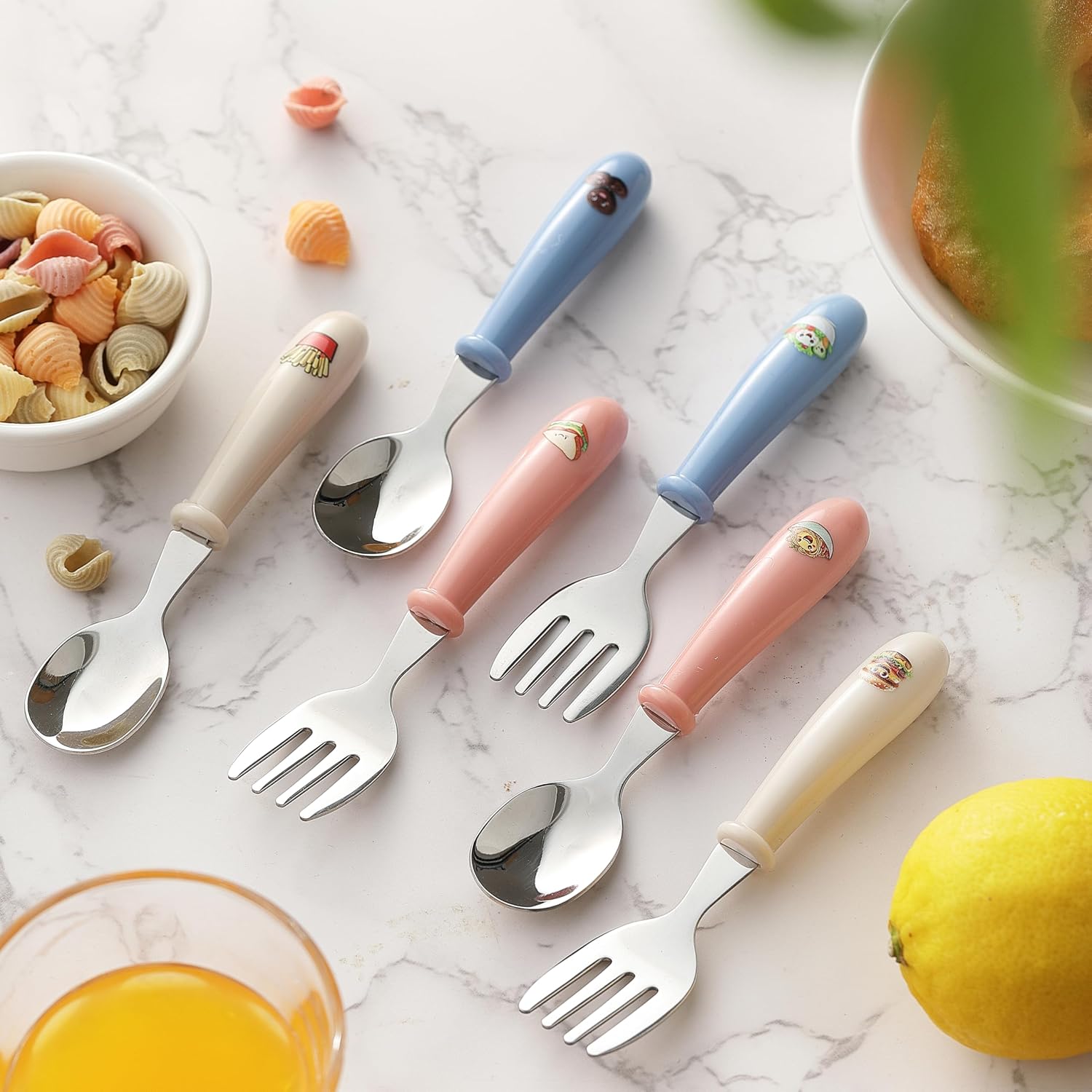 6PCS Toddler Kids Utensils Silverware, MONGSEW Stainless Steel Toddler Baby Forks and Spoons, BPA Free, Dishwasher Safe (Food-Themed Design)