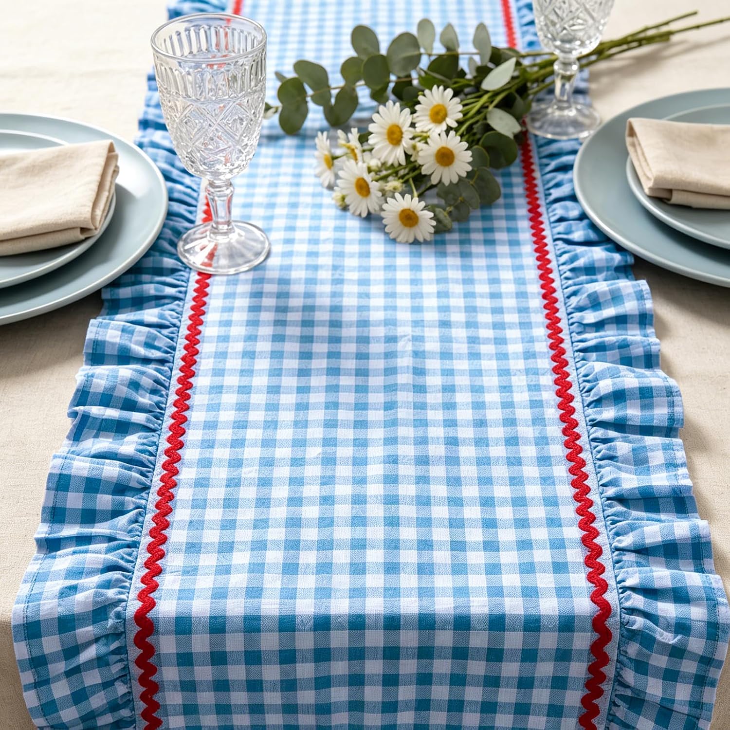 JarThenaAMCS Gingham Ruffle Table Runner with Red Rick Rack Blue White Plaid Ruffled Edge Decorative Farmhouse Table Runner for 4th of July Holiday Baby Bridal Shower Party Decoration, 72 x 12 Inch