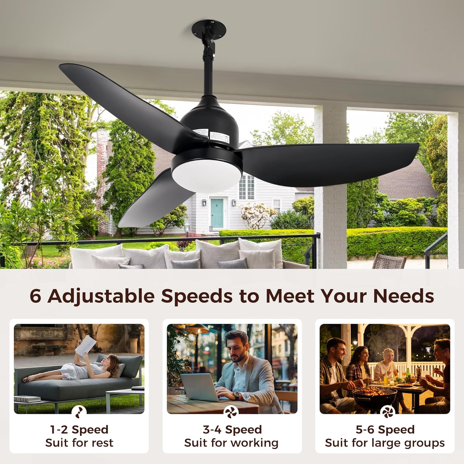 HOMREST 42 Inch Outdoor Ceiling Fan with Light,Waterproof Plug in Ceiling Fan,Outdoor Gazebo Fan,App&Remote Control,3 Colors LED Light,6-Speed Quiet DC Motor,Reversible,for Patio Porch(Black)