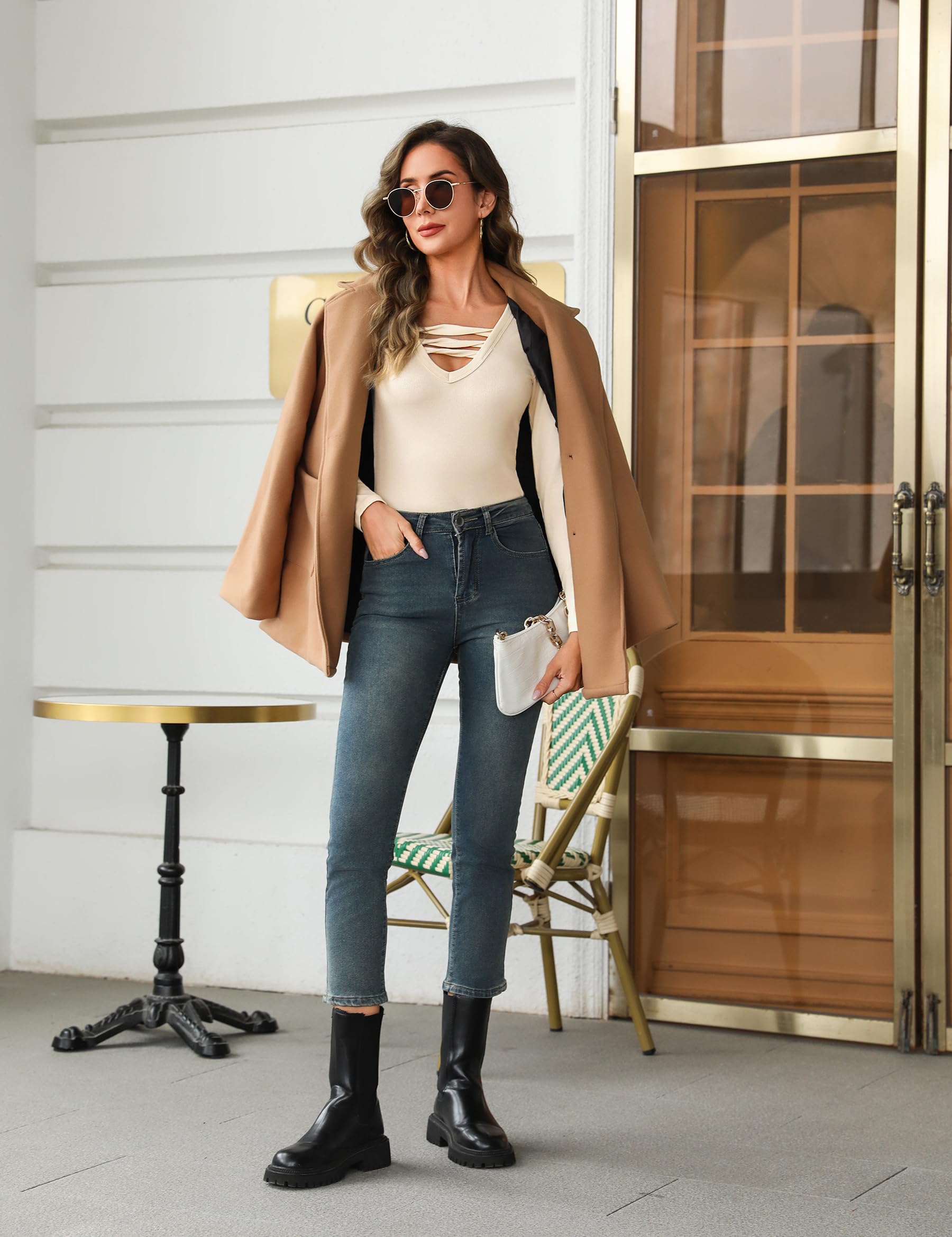 Demegimi Maglietta Donna Manica Lunga Scollo a V T-Shirt Sexy Elegante Tinta Unita Top Slim Fit Basic T-Shirt per Autunno Inverno