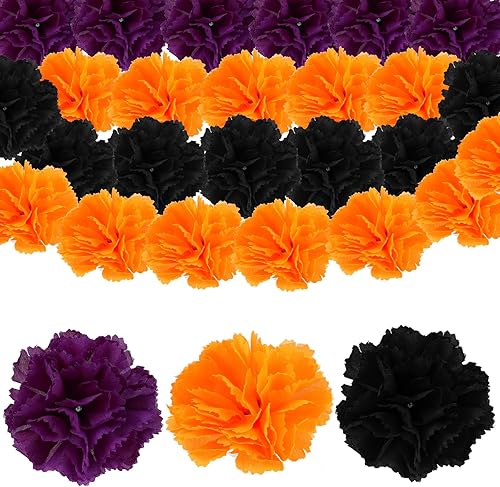 48 piezas de flores de caléndula sintética a granel, 3 colores, flores de caléndula de seda de Halloween, artificiales para decoración del día de