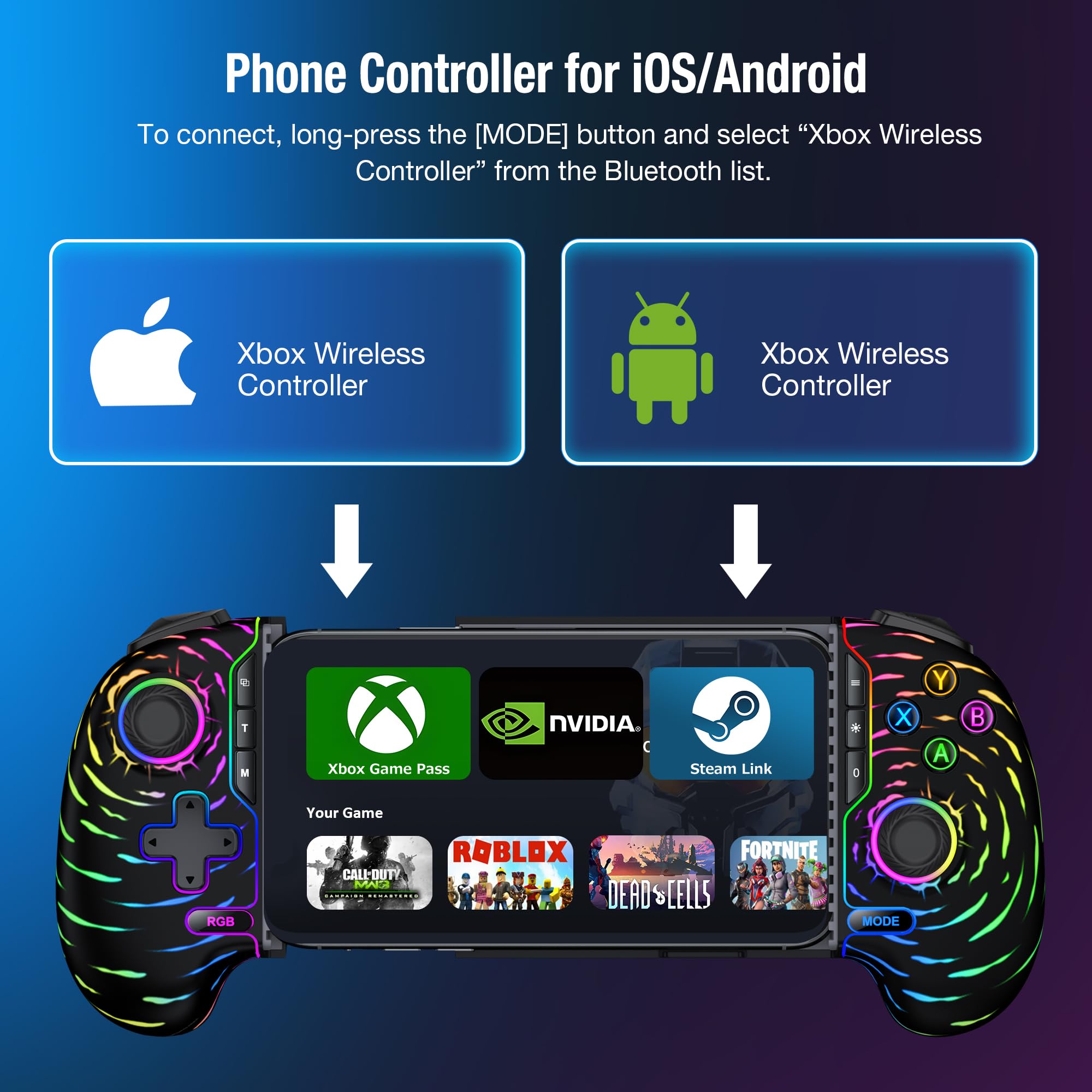 Controller da gioco mobile per iPhone e Android, controller per telefono per Xbox/Steam/GeForce Now/MFi Apple Arcade/Roblox/Minecraft, controller wireless per giochi telefonici con effetto Hall/RGB