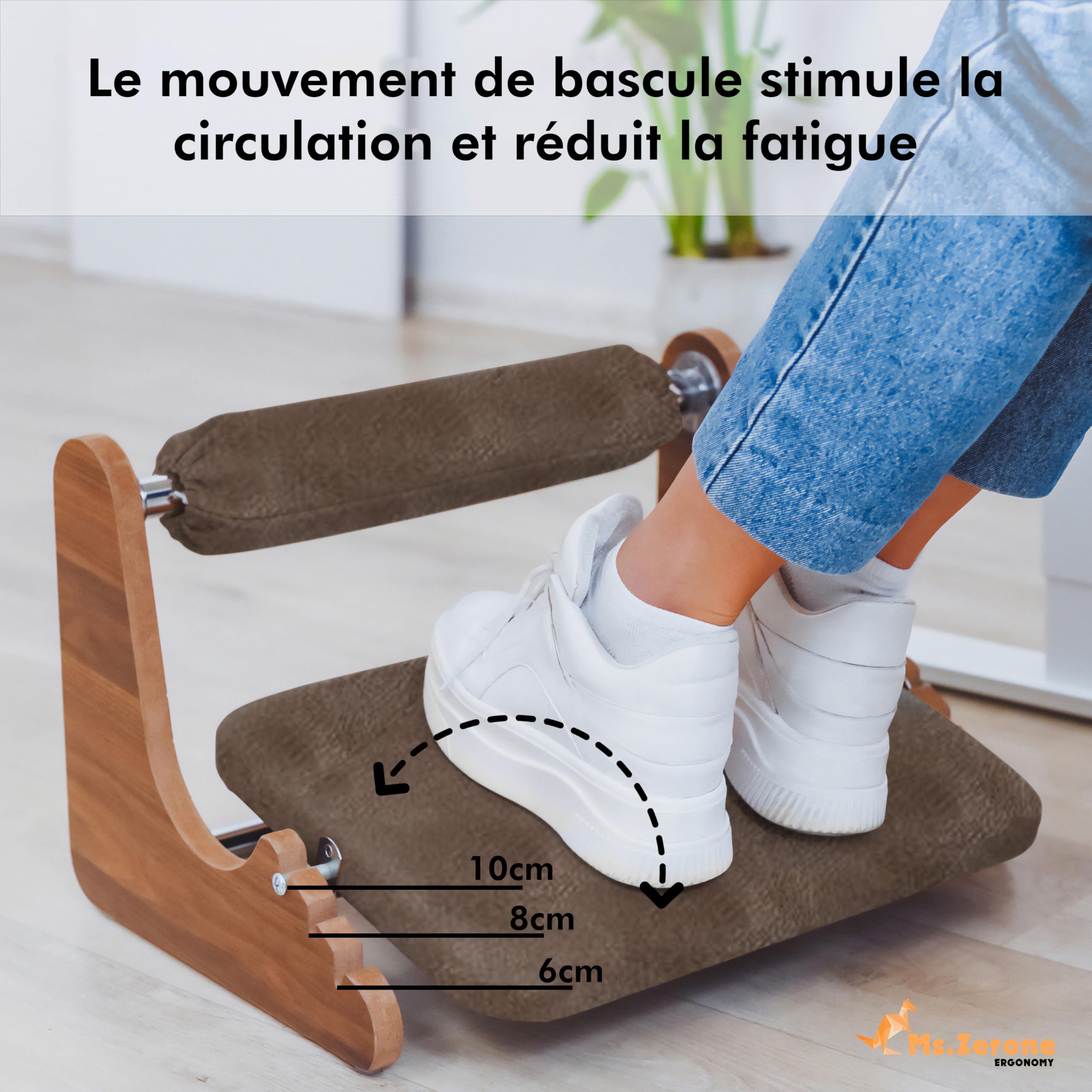 Ergonomische Fußstütze aus Holz – 3 verstellbare Höhen (6/8/10 cm) – Knöchelstütze aus weichem Wildleder – Wippbasis – rutschfest – Komfort für Telearbeit & Büro