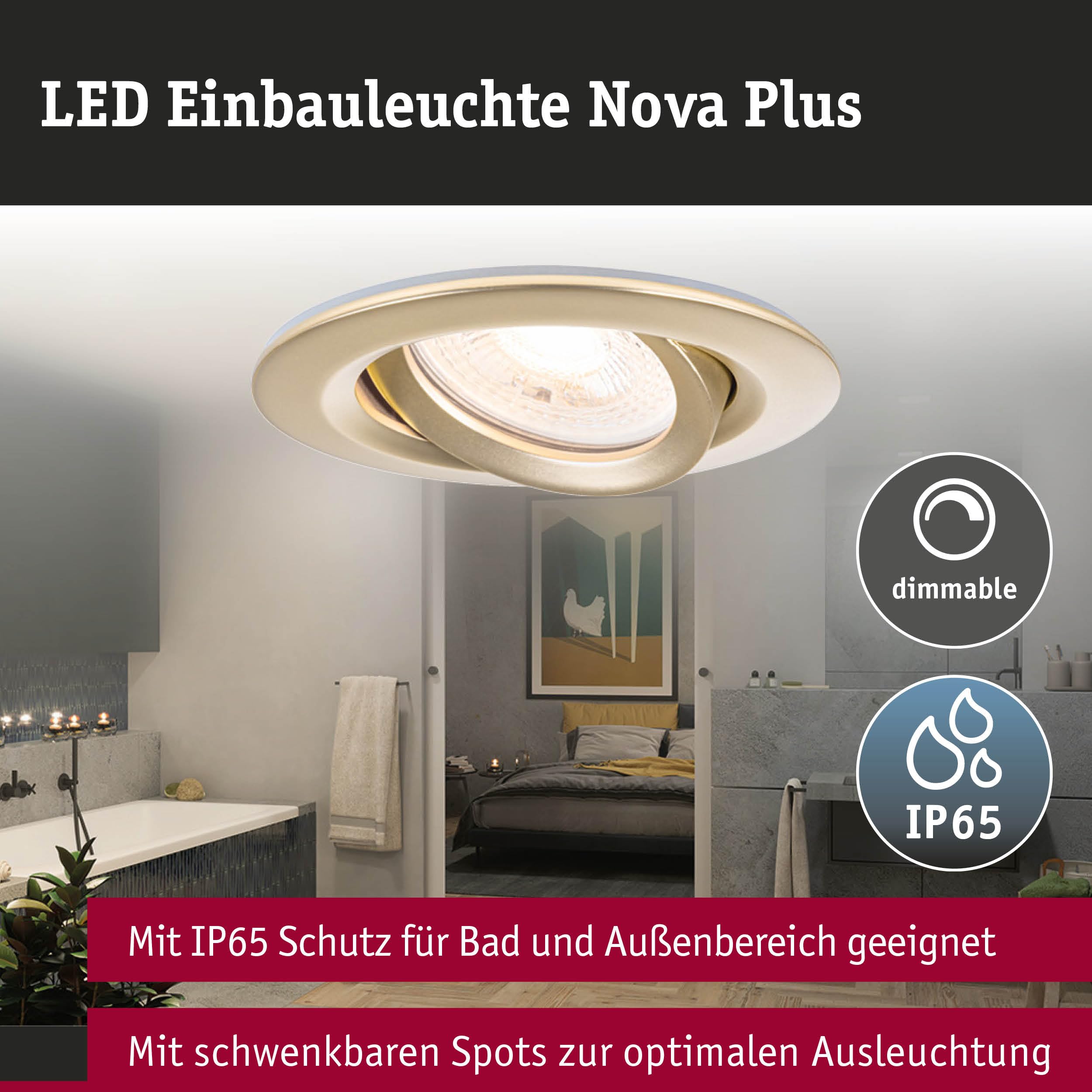 Paulmann 92408 Nova Plus - Foco empotrado (LED, IP65, redondo, 93 mm, 30 °, GU10, 3 x 6 W, 3 x 460 lm, 230 V, regulable 2700 K, color dorado mate