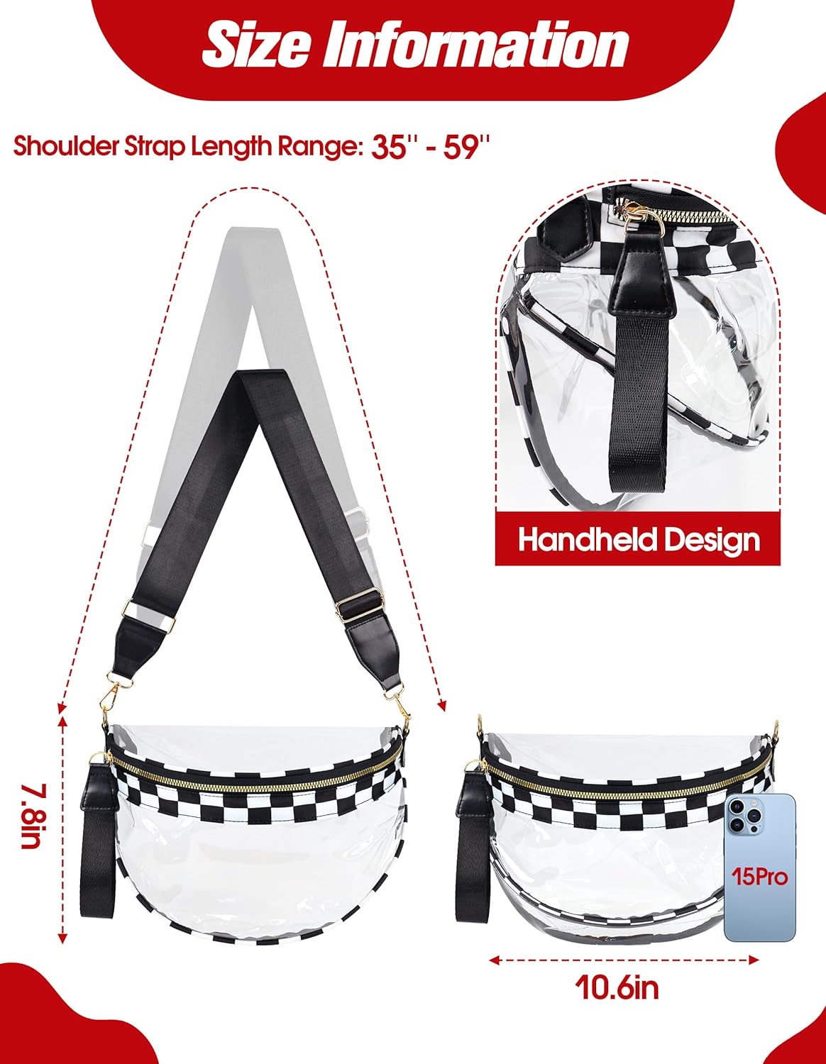 Checkered Bum Bag Clear Bag For Stadium Events, Crossbody Fanny Pack Game Day Stadium Bags For Women Concert Work Travel Valentine's Day Gifts, Black