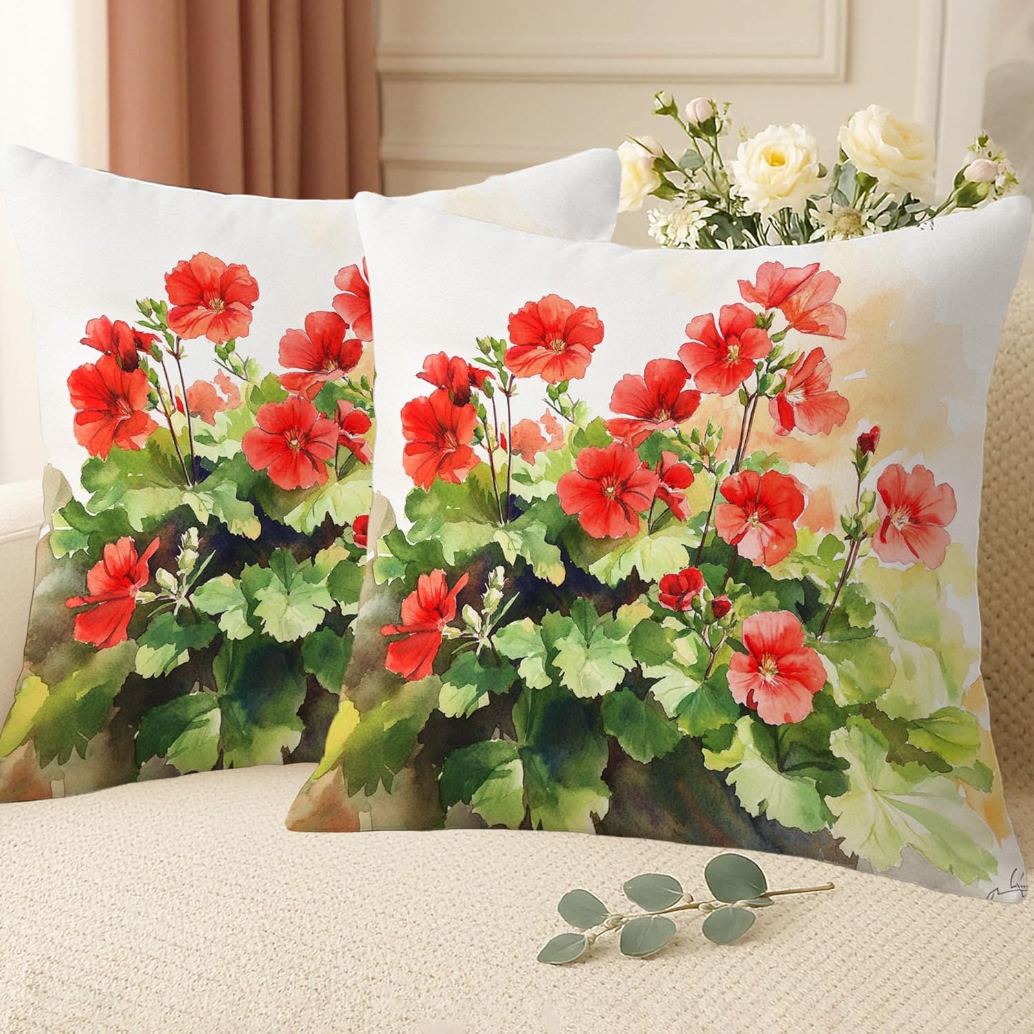 Spring Floral Pillow Covers Set of 2, Red Geranium Plant Throw Pillows Case, Outdoor Decorative Square Home Decor Cushion Covers for Sofa Bed Couch 26x26 Inch