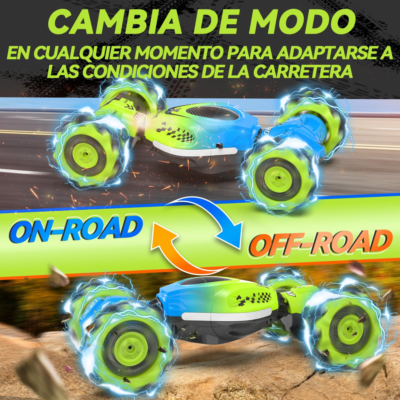 Dysaim Coche Teledirigido para Niños RC Stunt Car Coches Telecomandado con Mando a Distancia 2,4 GHz 4WD 360 ° Crawler Offroad RC Drift Auto 2 Batería Música Navidad Regalo para 6-12 Años