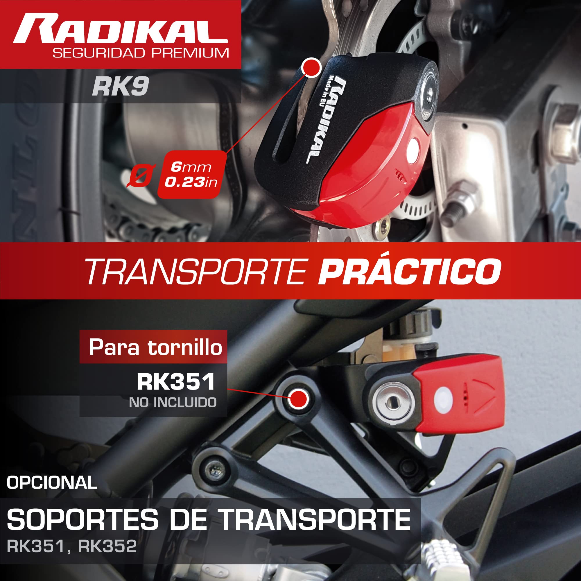 RADIKAL RK9 Candado Moto Disco | Alarma Premium 120db ON/OFF, Warning Pre-Alarma, Alerta LED, Impermeable, Pila Litio | 100% Metal, Antirrobo Pinza Freno, Bloqueo 6mm Universal Scooter Bicicleta