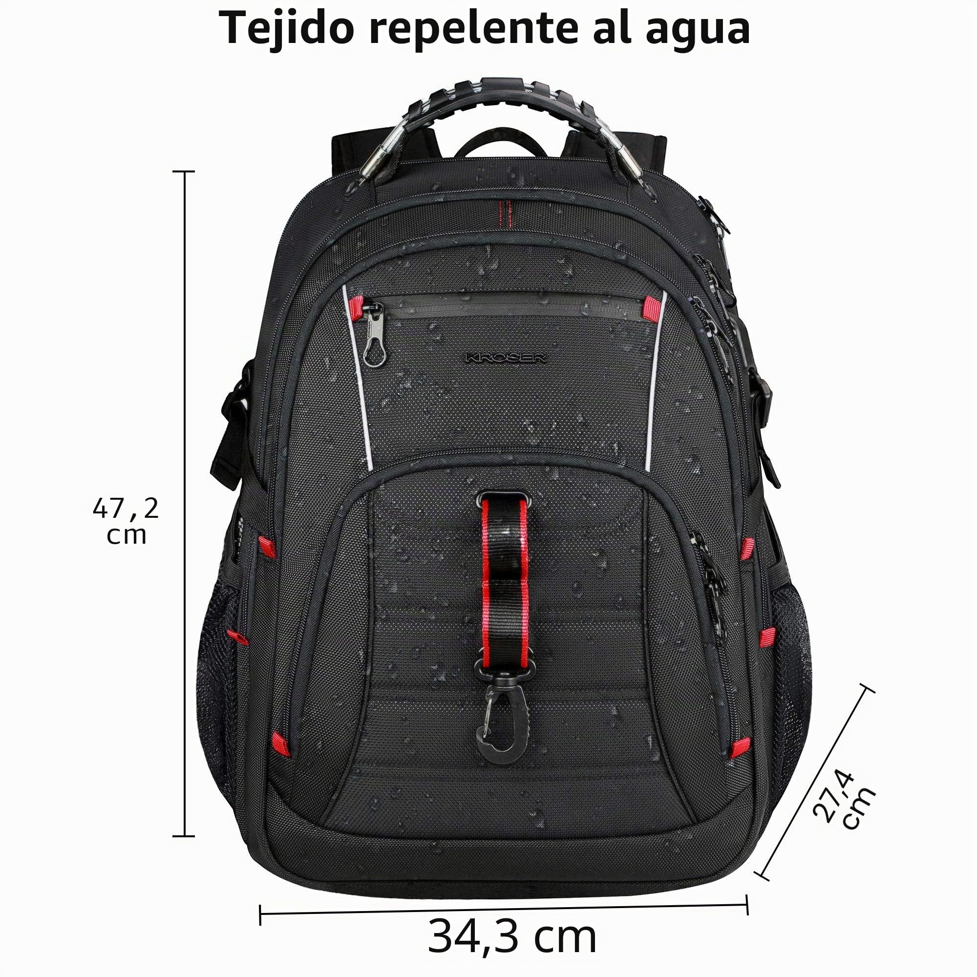 KROSER Mochila grande Hombre, 17,3-18,4" XXXL, Mochila para ordenador portátil, con bolsillos RFID Puerto y Impermeable Portátil para/Viaje/Universidad/Negocios/Colegio/Hombres/Mujeres Mochila