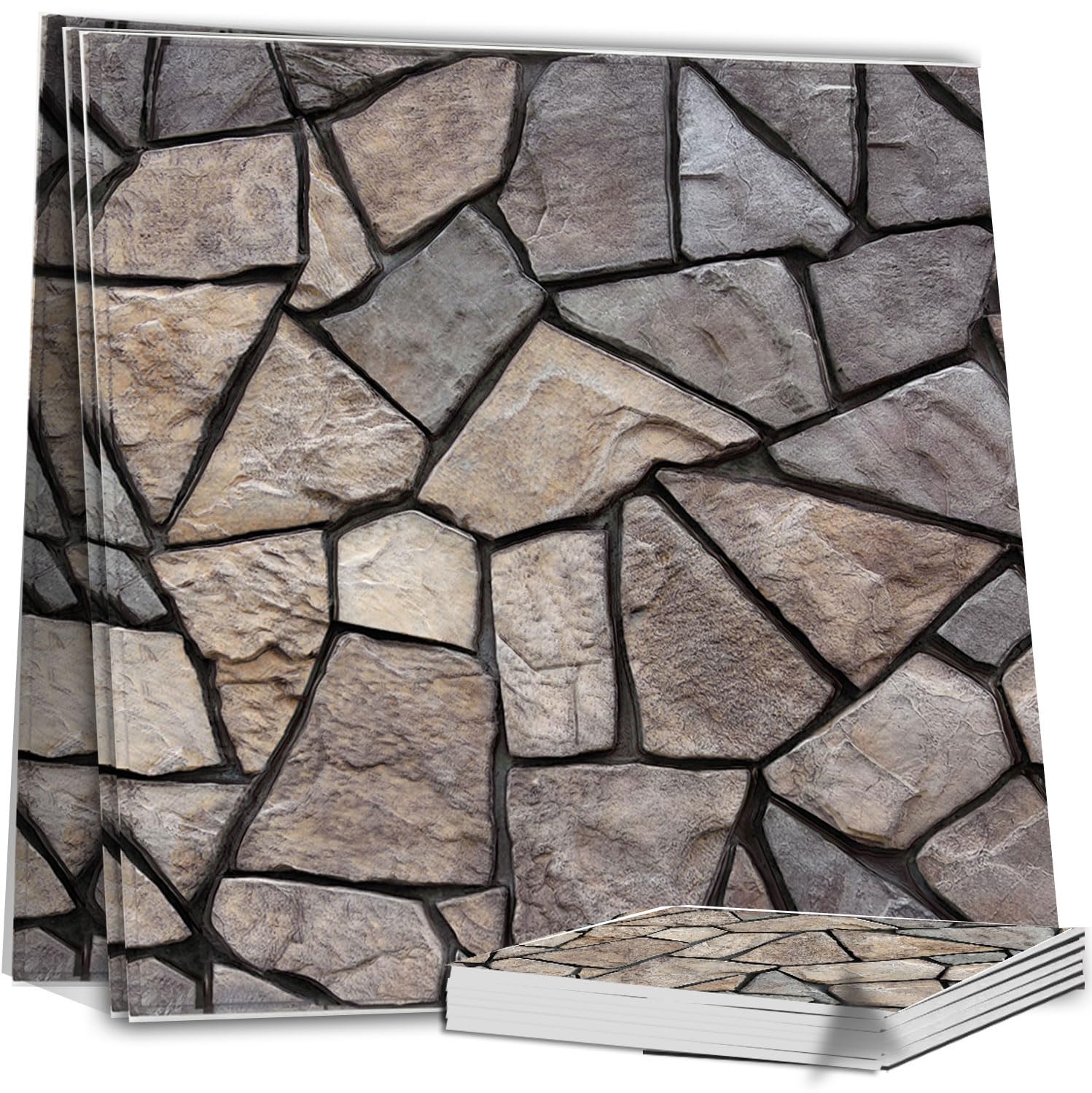 3D Wall Panels,10 pcs 3D Wallpaper Peel and Stick 30x30cm,PVC Tiles Backsplash DIY Brick Wallpaper Tile for Bedroom, Living Room, Kitchen, Fireplace (Grey Stone)