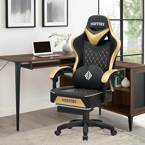 Miniatura 2 de HOFFREE Silla de juegos con altavoces, silla de juegos de computadora de masaje con cojín de resorte de bolsillo para adultos, silla reclinable con