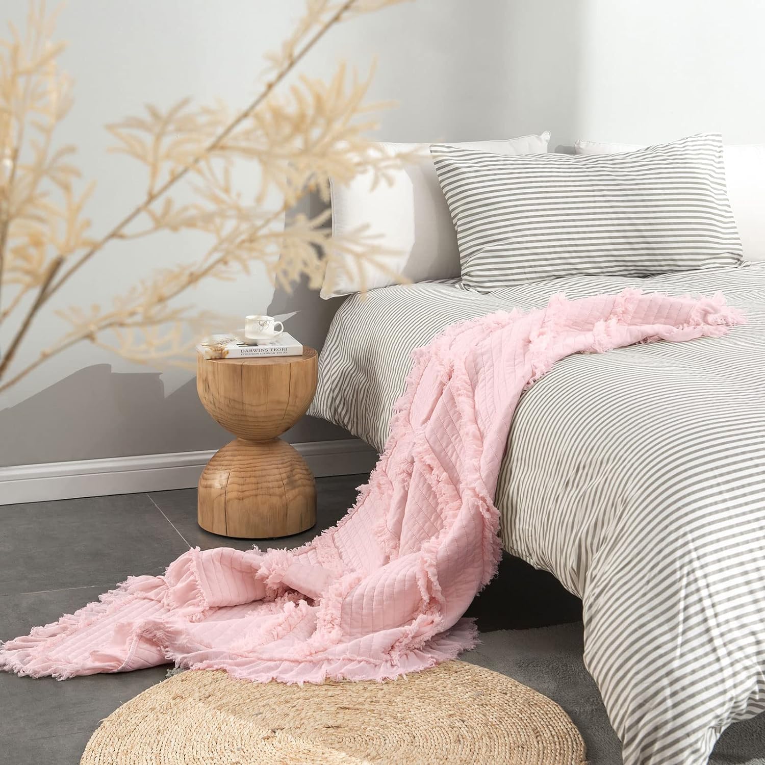 Ultra Soft Pre-Washed Quilted Throw Blanket, Ruffle Fringed Pink Boho Decorative Throw, Stone Washed Chic Rustic Blanket for Sofa Couch Bed Chair, 50"x 60" - Image 7