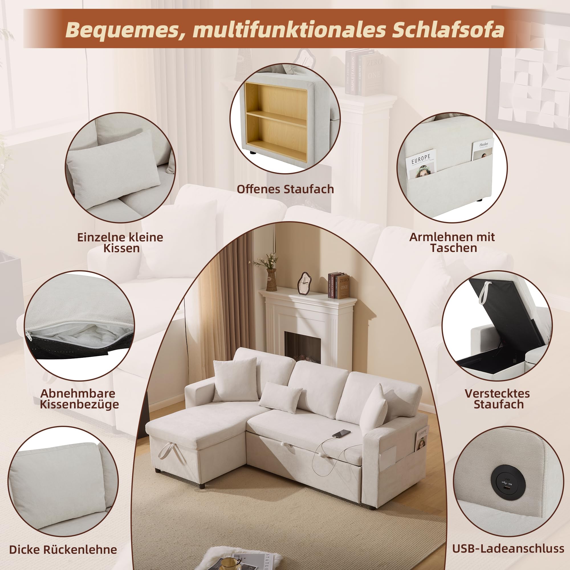 Divano angolare con funzione letto, divano letto a forma di L, allungabile con contenitore, pouf flessibile intercambiabile, divano a 3 posti con ottomana per soggiorno, beige (beige1, 3