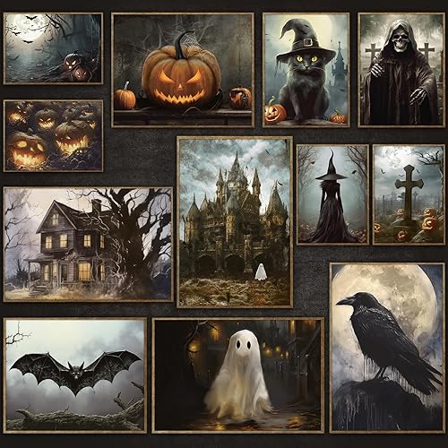 12Pcs Gothic Halloween Poster Set Retro Pumpkin Ghost Black Cat